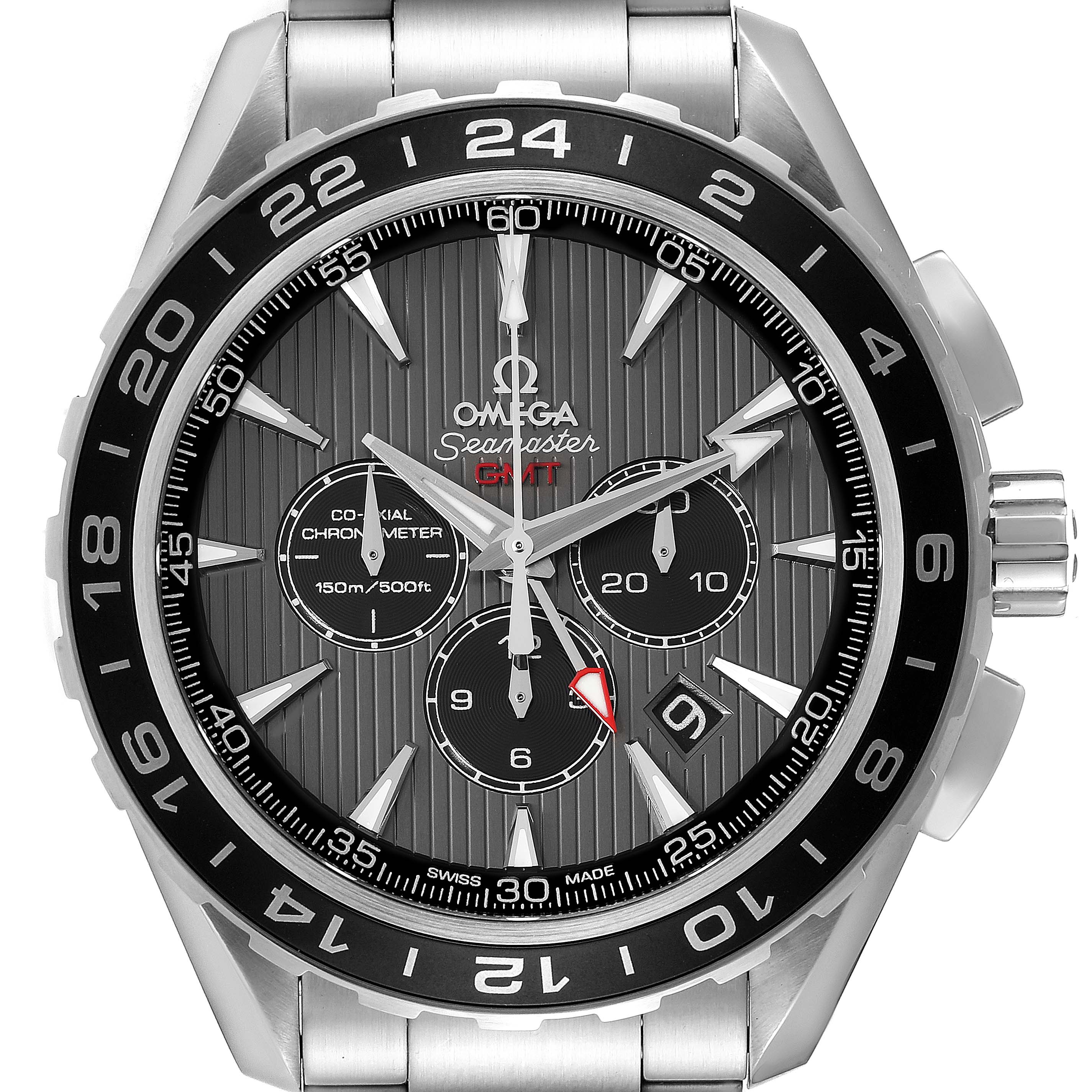 The image shows a front view of the Omega Seamaster Aqua Terra watch, highlighting its dial, bezel, and three subdials.