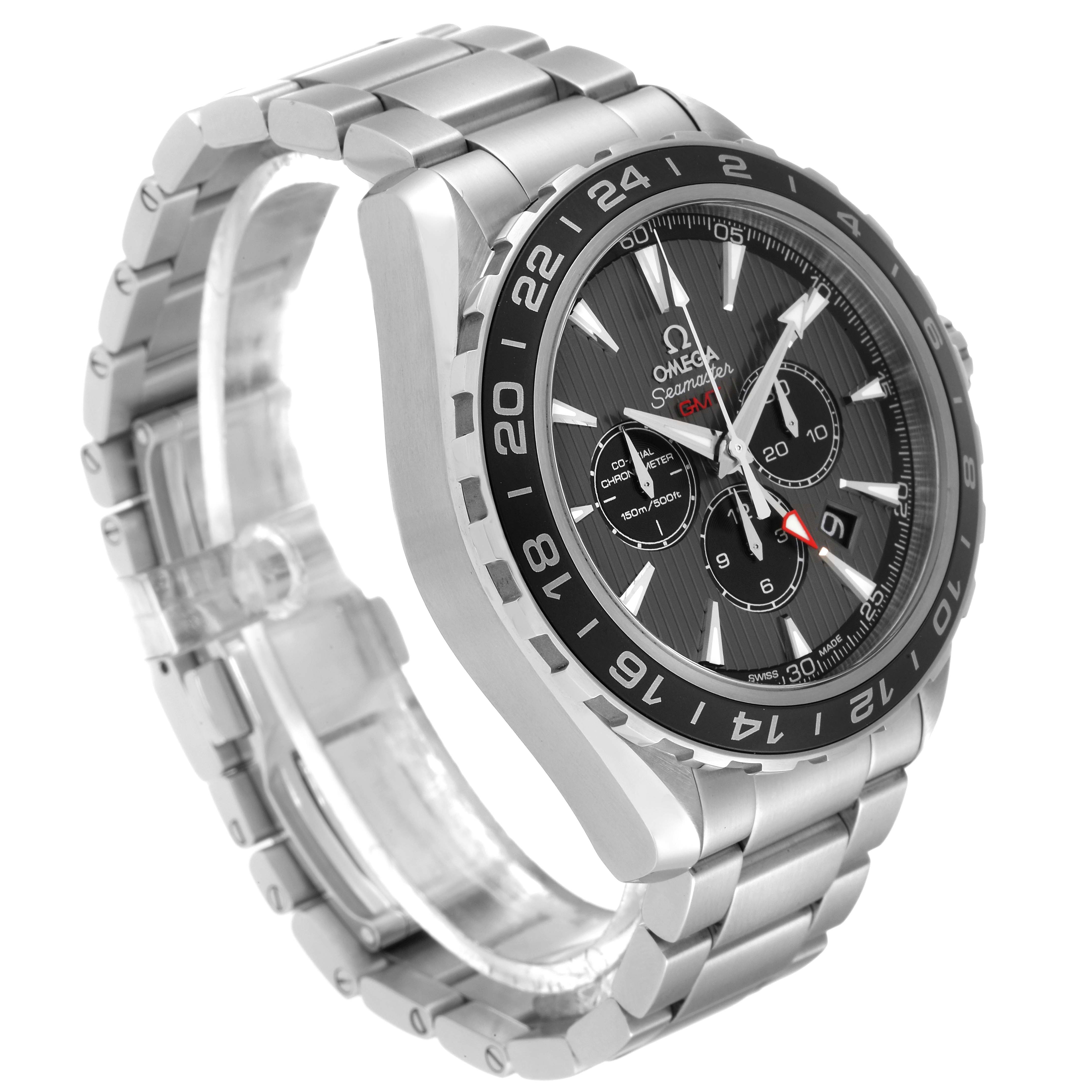 This image shows a side and front angle of the Omega Seamaster Aqua Terra watch, highlighting the bracelet and dial.