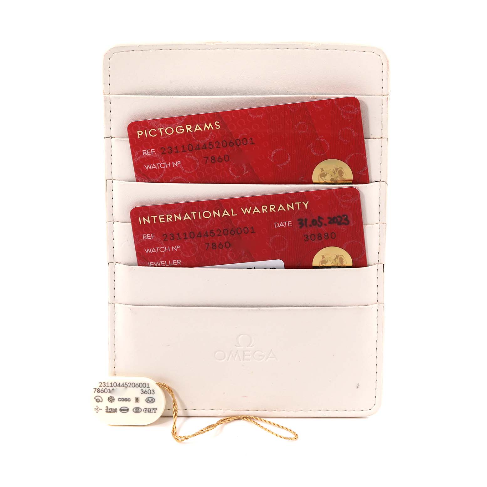 The image shows an Omega Aqua Terra 231.10.44.52.06.001 Men
s Stainless Steel Grey Dial 231.10.44.52.06.001 Men
s Stainless Steel Grey Dial watch
s warranty cards and pictogram cards in a white holder.