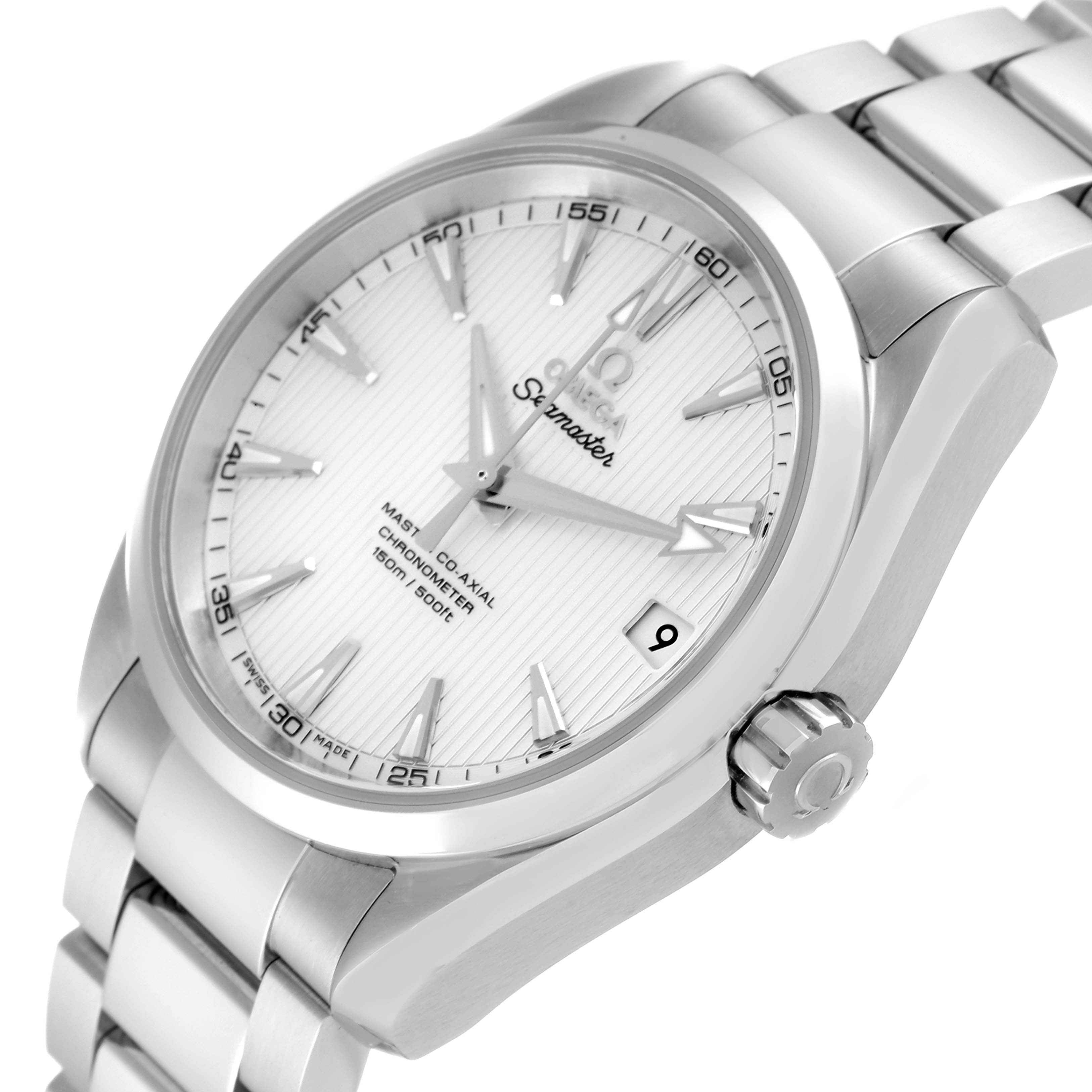 The image shows a side angle of the Omega Aqua Terra 231.10.39.21.02.002 Men's Stainless Steel Silver Dial 231.10.39.21.02.002 Men's Stainless Steel Silver Dial watch, displaying its dial, bezel, crown, and part of the bracelet.
