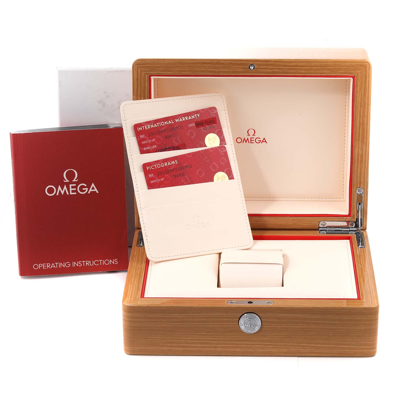 The image shows the Omega Aqua Terra 231.10.39.21.02.002 Men's Stainless Steel Silver Dial 231.10.39.21.02.002 Men's Stainless Steel Silver Dial watch's wooden box, operating instructions, and warranty cards.