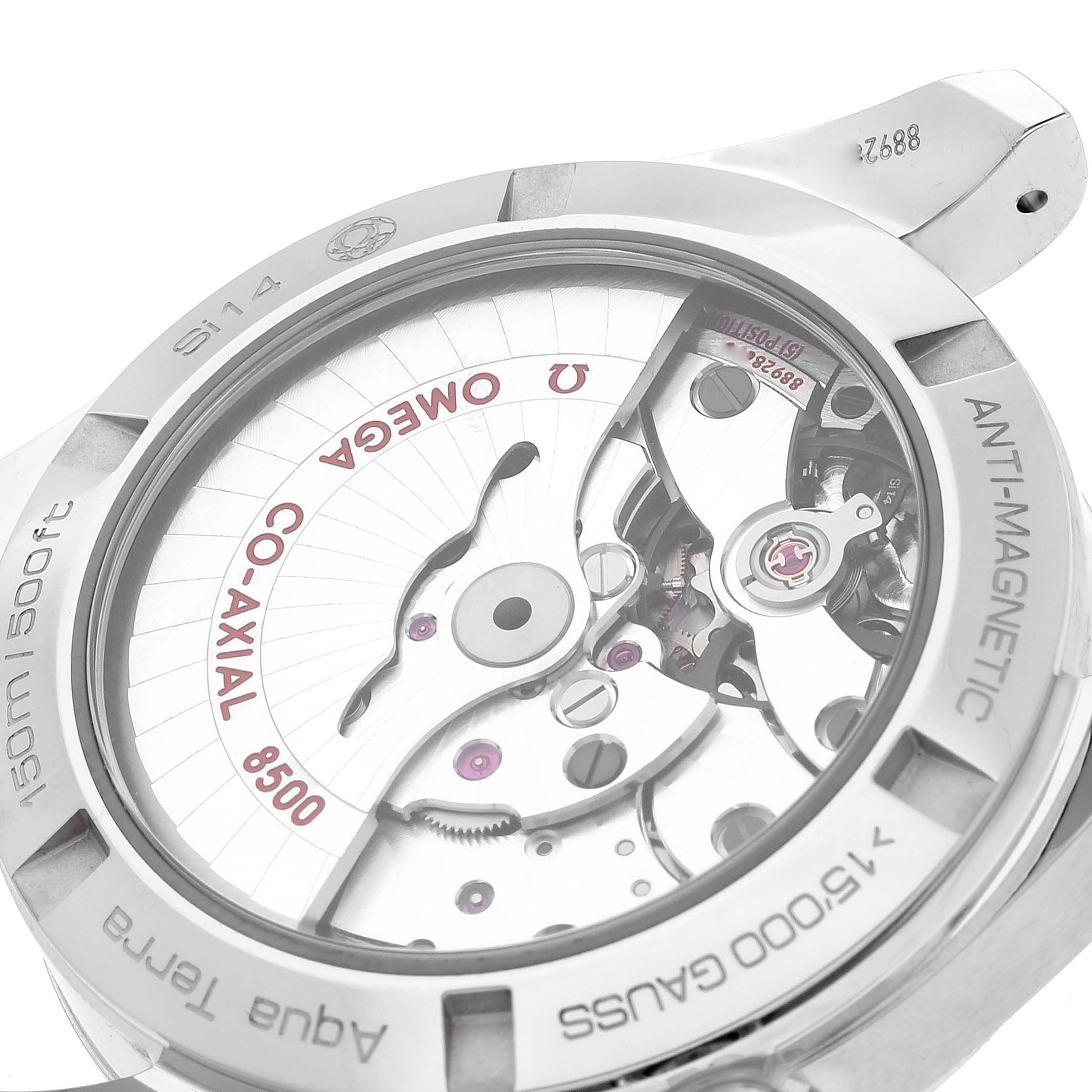 The image shows the back case of the Omega Aqua Terra 231.10.39.21.02.002 Men's Stainless Steel Silver Dial 231.10.39.21.02.002 Men's Stainless Steel Silver Dial watch, highlighting its Co-Axial 8500 movement.