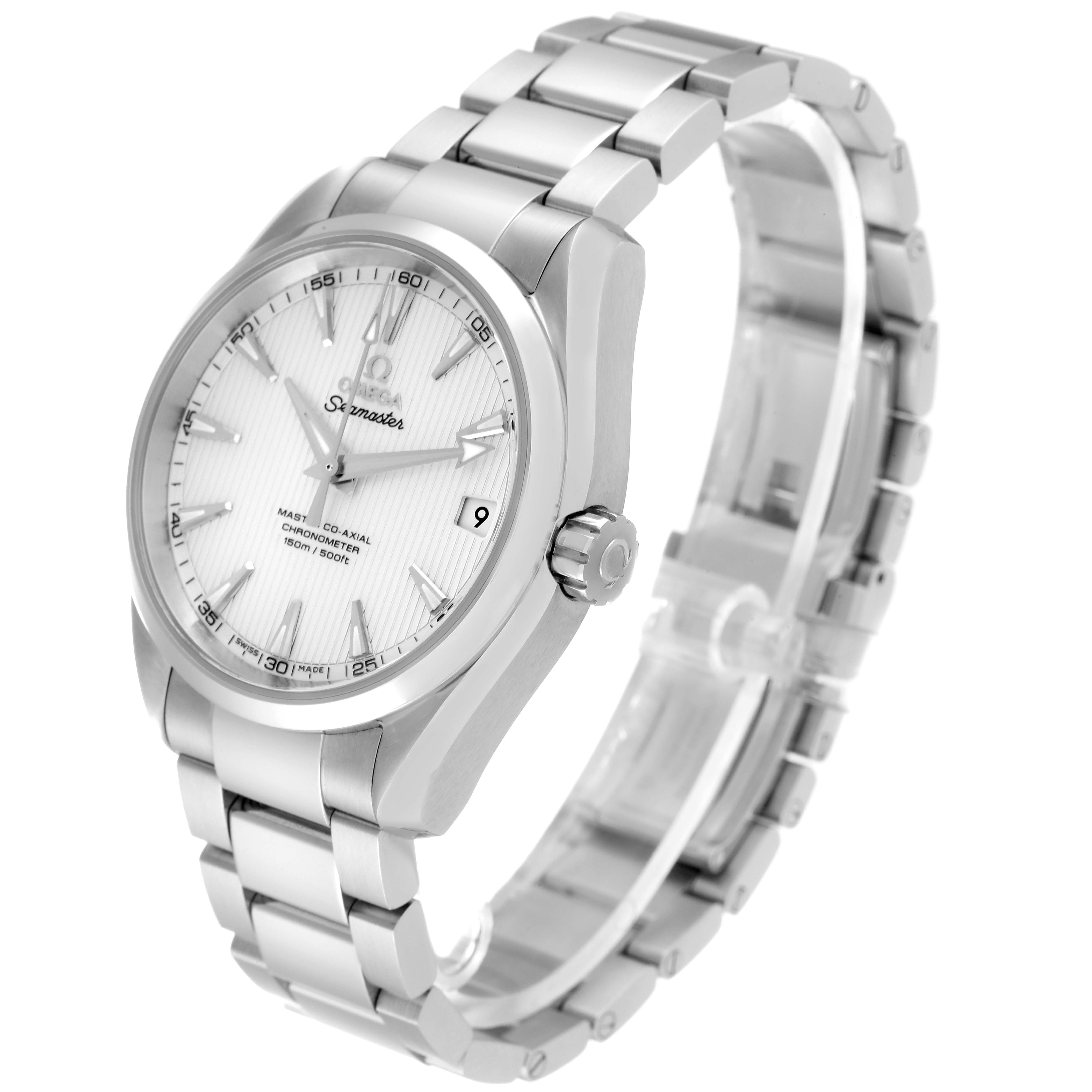 The image shows an angled view of an Omega Aqua Terra 231.10.39.21.02.002 Men's Stainless Steel Silver Dial 231.10.39.21.02.002 Men's Stainless Steel Silver Dial watch, highlighting the face, crown, and bracelet.