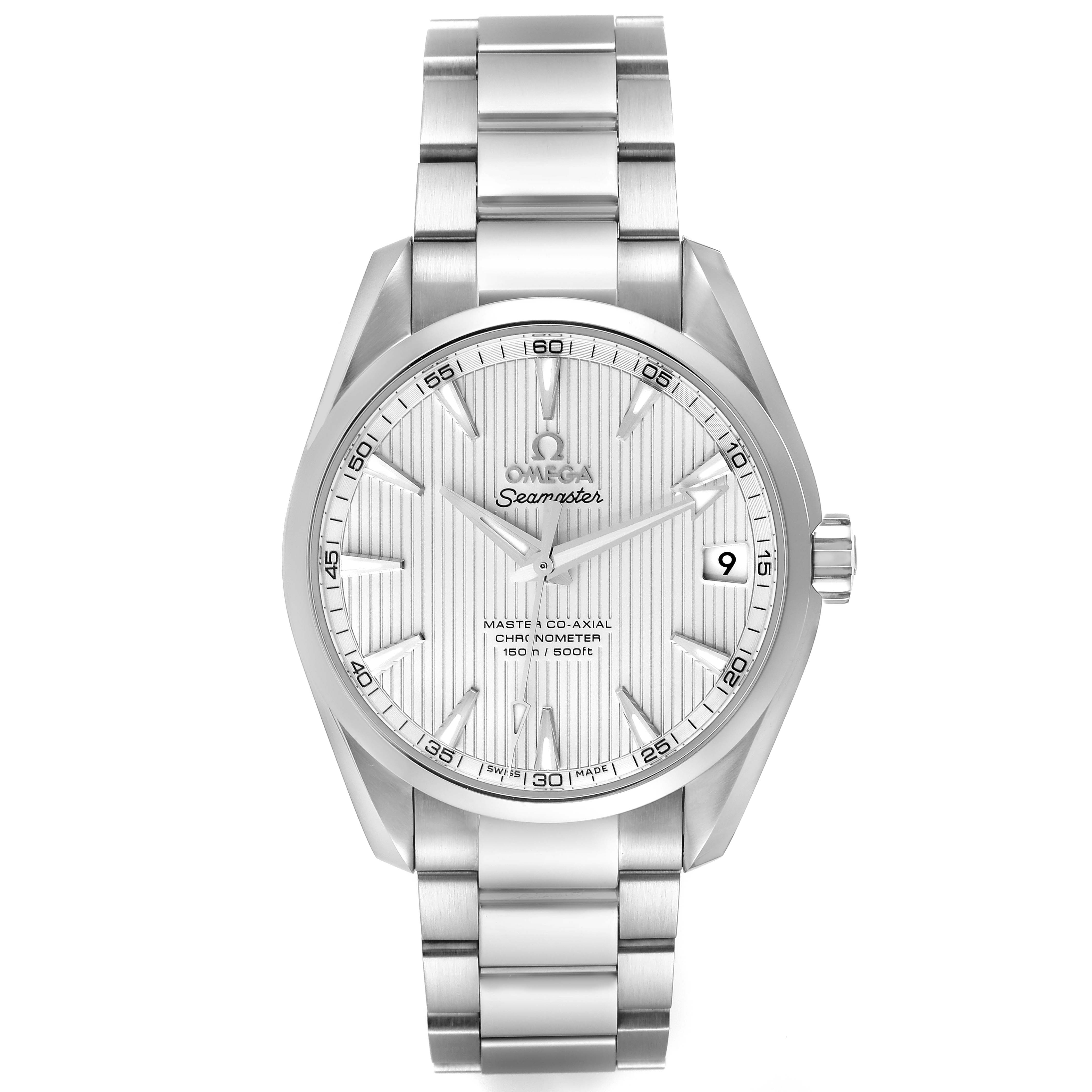 The image shows a front view of the Omega Aqua Terra 231.10.39.21.02.002 Men's Stainless Steel Silver Dial 231.10.39.21.02.002 Men's Stainless Steel Silver Dial watch with a silver bracelet and date display at 3 o'clock.