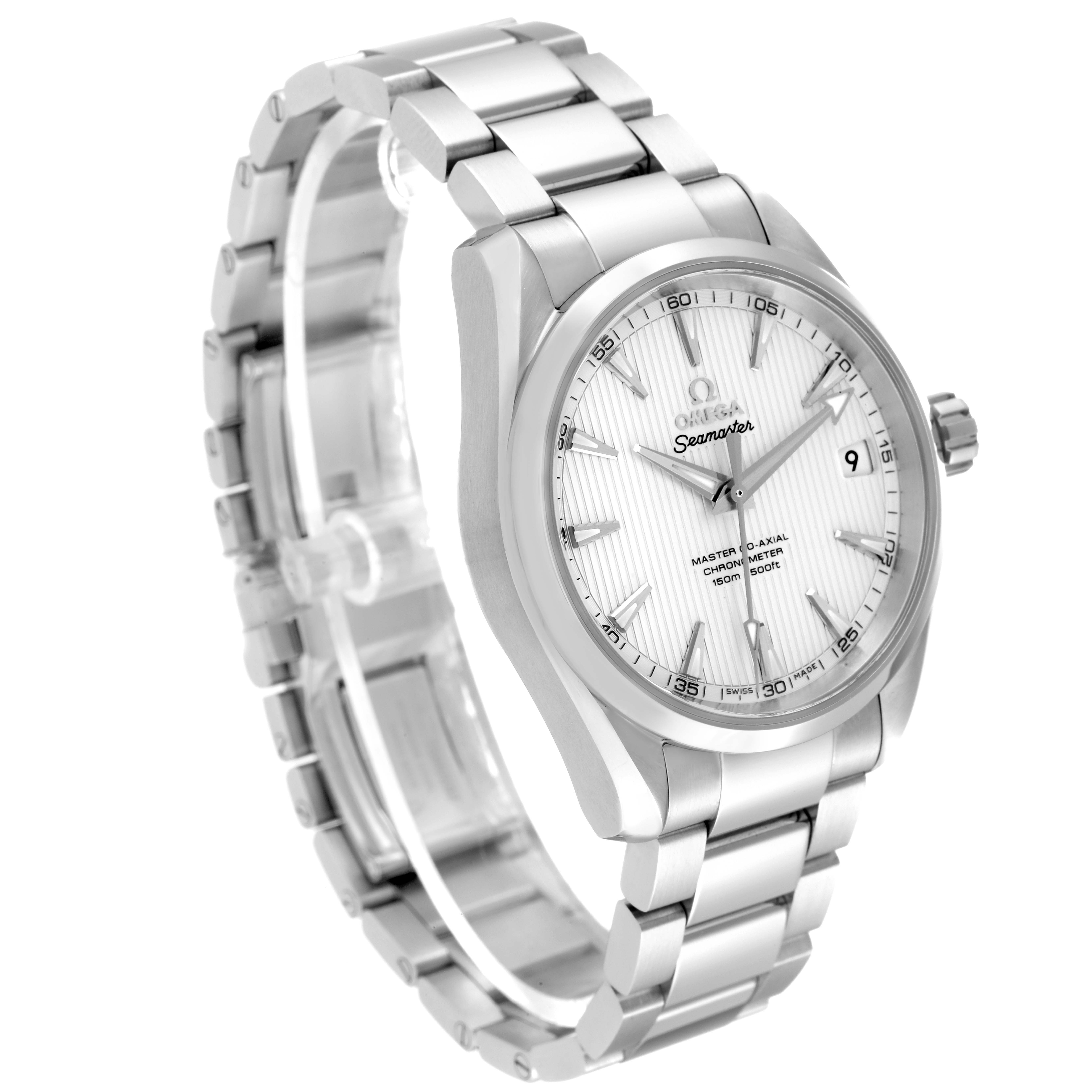 The image shows a side angle of the Omega Aqua Terra 231.10.39.21.02.002 Men's Stainless Steel Silver Dial 231.10.39.21.02.002 Men's Stainless Steel Silver Dial watch, highlighting its face, bezel, crown, and stainless steel bracelet.