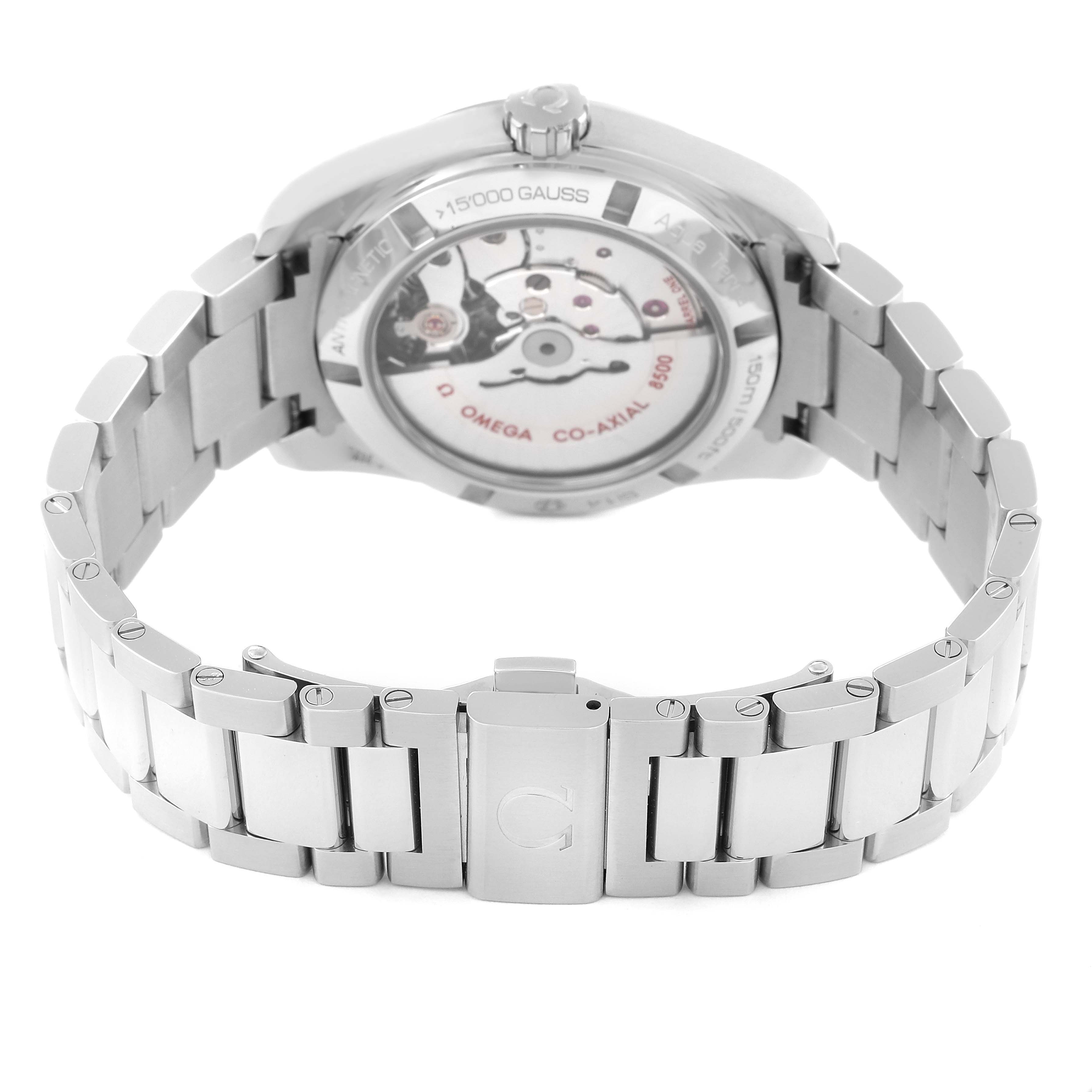 This image shows the back of an Omega Aqua Terra 231.10.39.21.02.002 Men's Stainless Steel Silver Dial 231.10.39.21.02.002 Men's Stainless Steel Silver Dial watch, highlighting the metal bracelet and visible movement through the transparent case back.