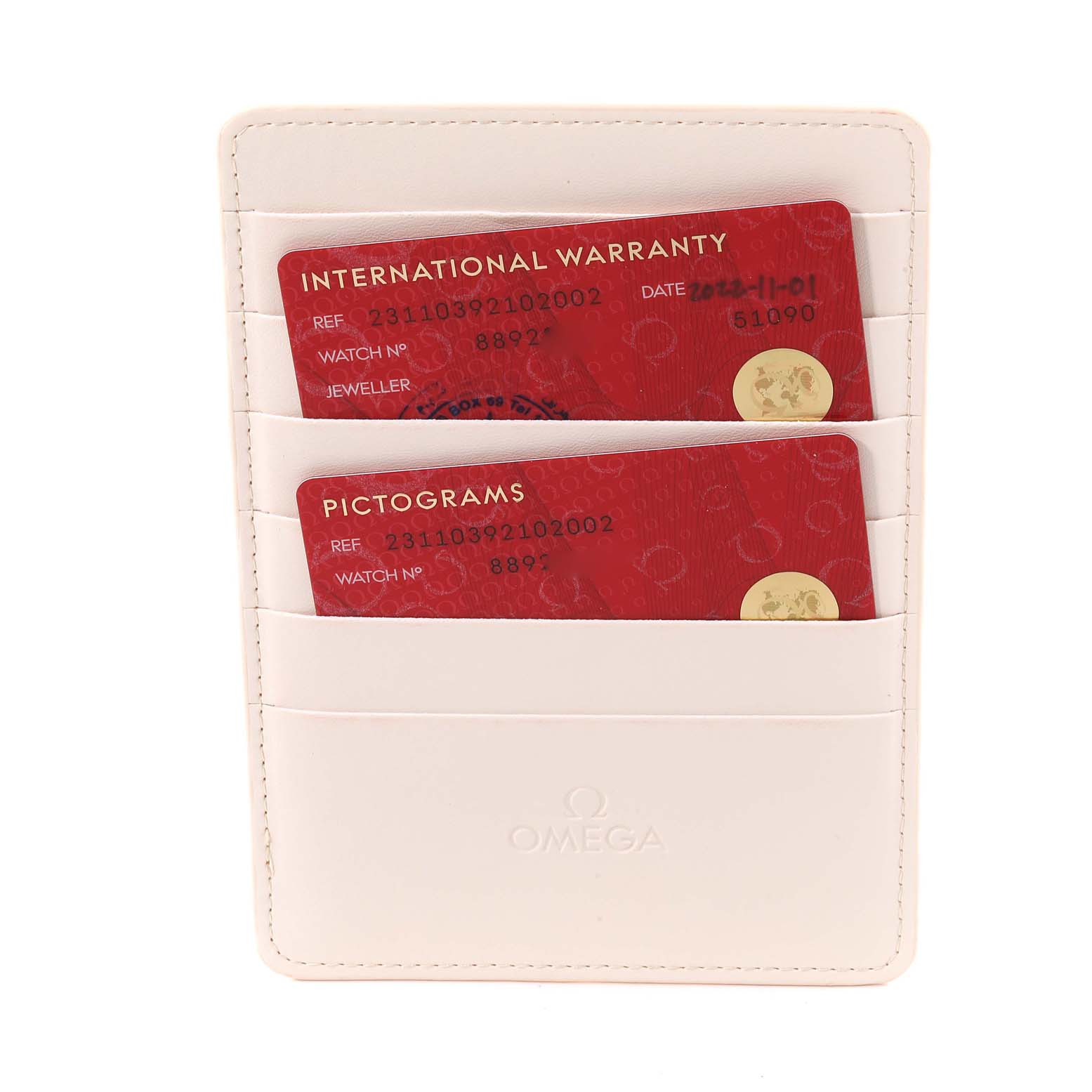 This image shows an Omega Aqua Terra 231.10.39.21.02.002 Men's Stainless Steel Silver Dial 231.10.39.21.02.002 Men's Stainless Steel Silver Dial watch's warranty and pictogram cards in a white cardholder.