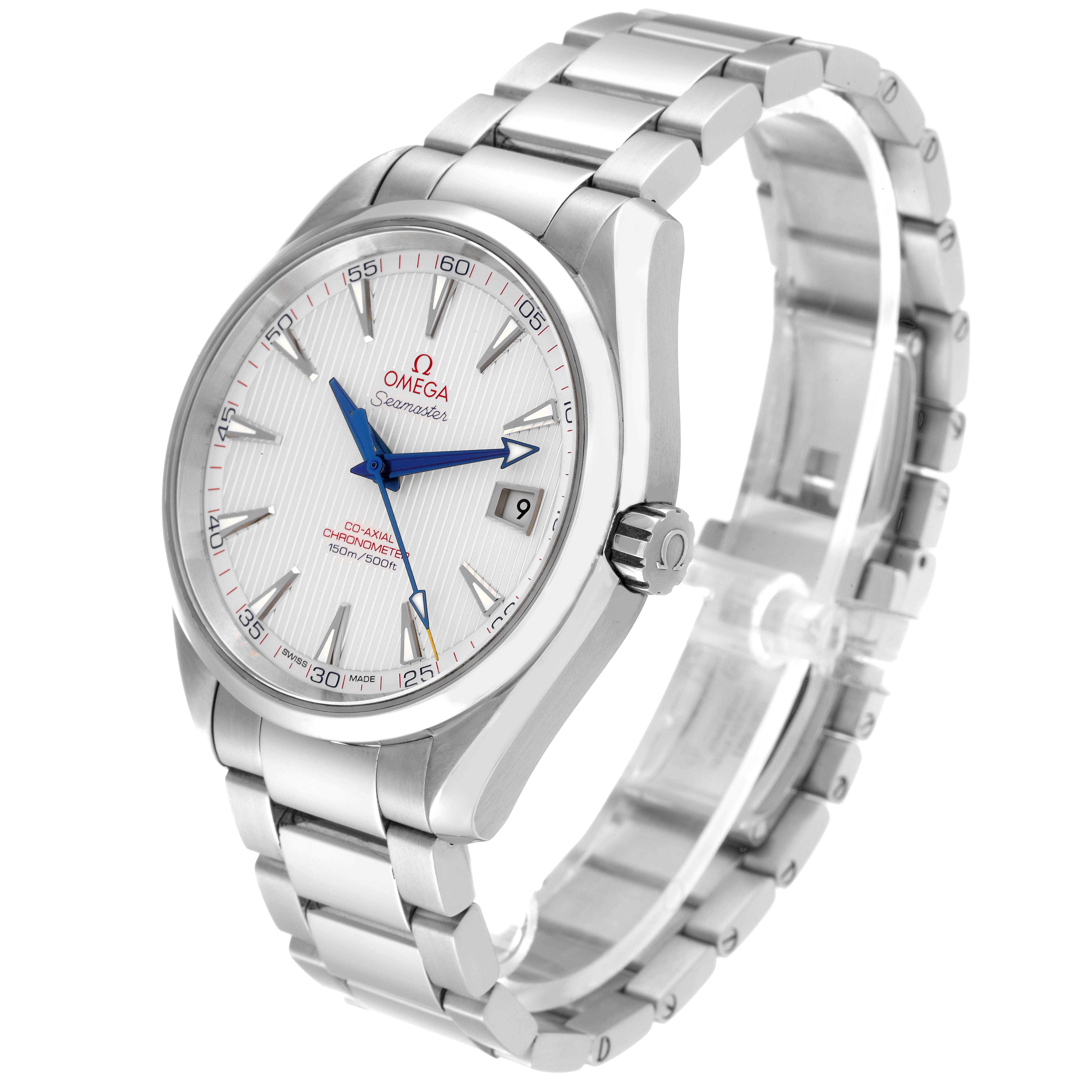 The Omega Aqua Terra 231.10.42.21.02.002 Men
s Stainless Steel Silver Dial 231.10.42.21.02.002 Men
s Stainless Steel Silver Dial watch is shown at a three-quarter angle, highlighting the face, bezel, crown, and bracelet.