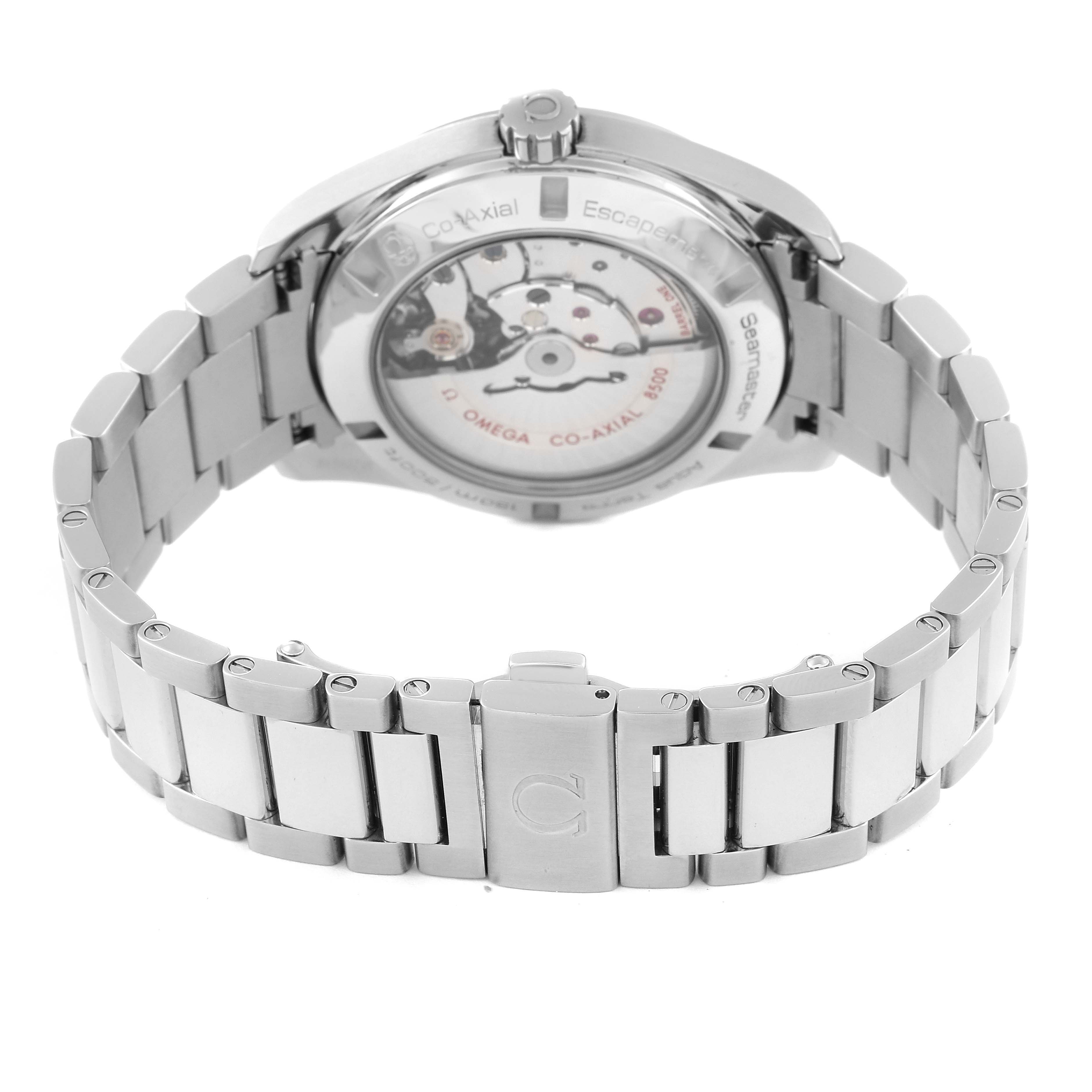 The image shows the back of an Omega Aqua Terra 231.10.42.21.02.002 Men
s Stainless Steel Silver Dial 231.10.42.21.02.002 Men
s Stainless Steel Silver Dial watch, highlighting its open case back and stainless steel bracelet.