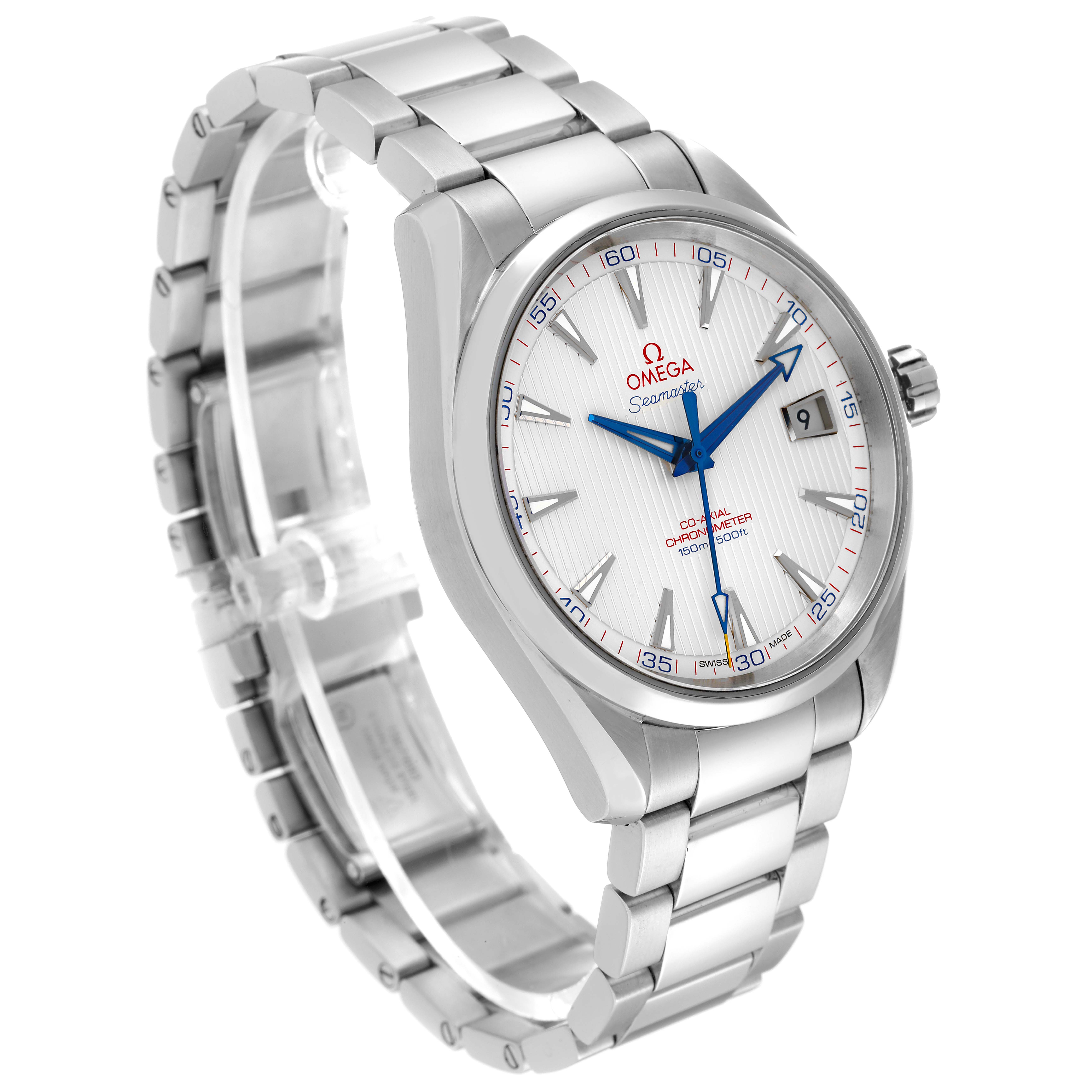 The Omega Aqua Terra 231.10.42.21.02.002 Men
s Stainless Steel Silver Dial 231.10.42.21.02.002 Men
s Stainless Steel Silver Dial watch is shown at a three-quarter angle, highlighting the face, bracelet, and bezel.