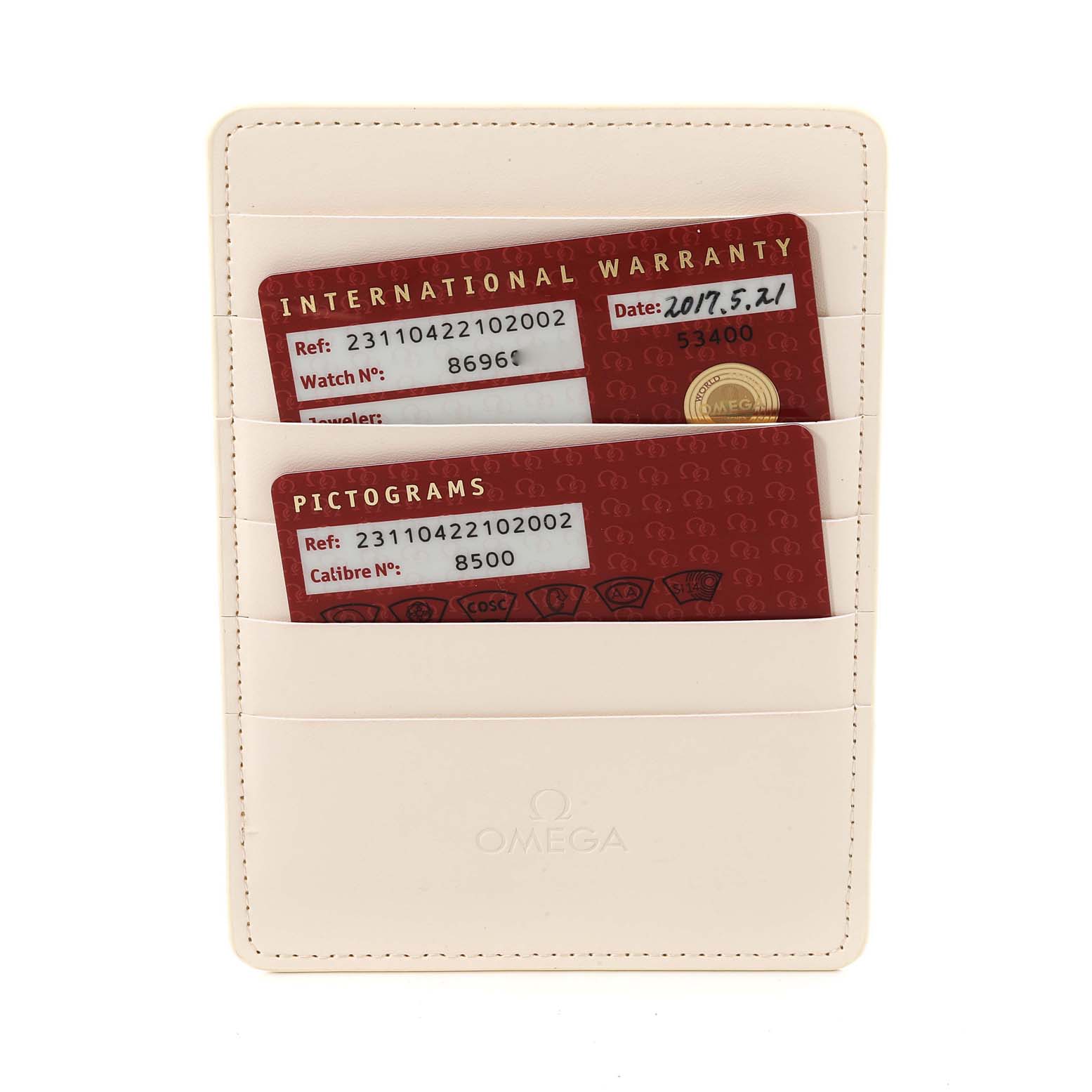 This image shows Omega Aqua Terra 231.10.42.21.02.002 Men
s Stainless Steel Silver Dial 231.10.42.21.02.002 Men
s Stainless Steel Silver Dial watch
s warranty and pictogram cards in a white Omega cardholder.