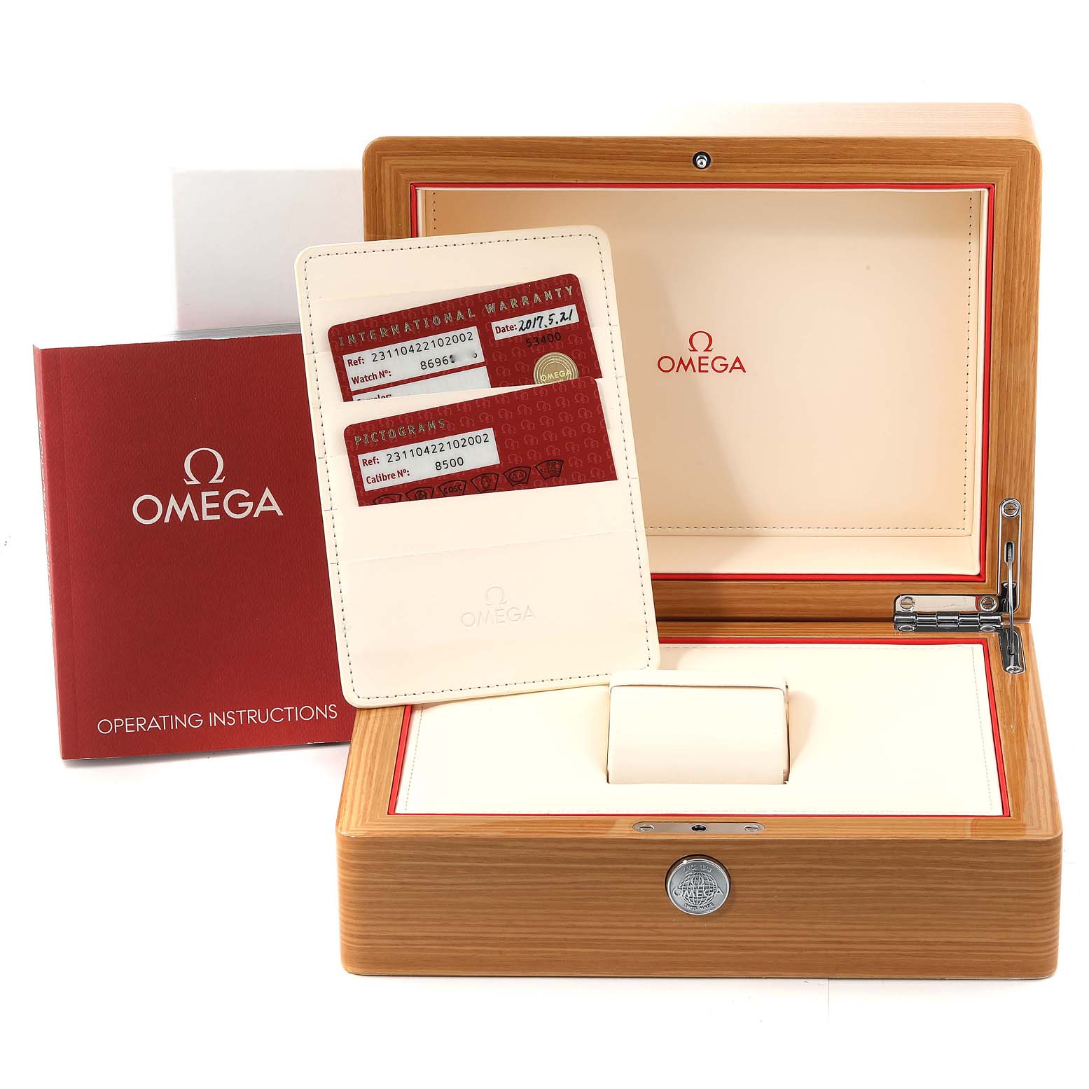 The image shows the Omega Aqua Terra 231.10.42.21.02.002 Men
s Stainless Steel Silver Dial 231.10.42.21.02.002 Men
s Stainless Steel Silver Dial watch box, warranty card, and operating instructions from a front angle.