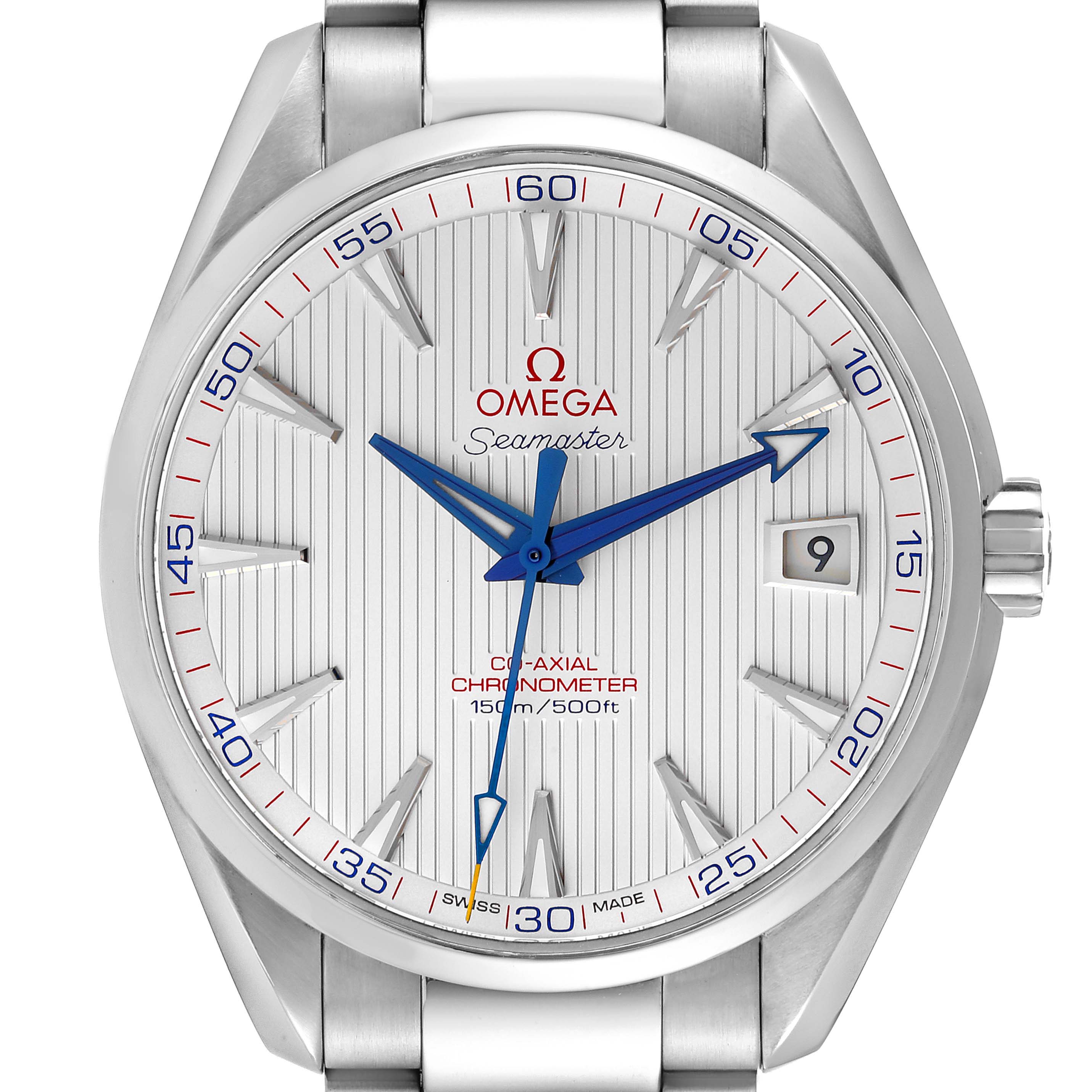 This image shows a front view of the Omega Aqua Terra 231.10.42.21.02.002 Men
s Stainless Steel Silver Dial 231.10.42.21.02.002 Men
s Stainless Steel Silver Dial watch, highlighting the dial, hands, and bezel.