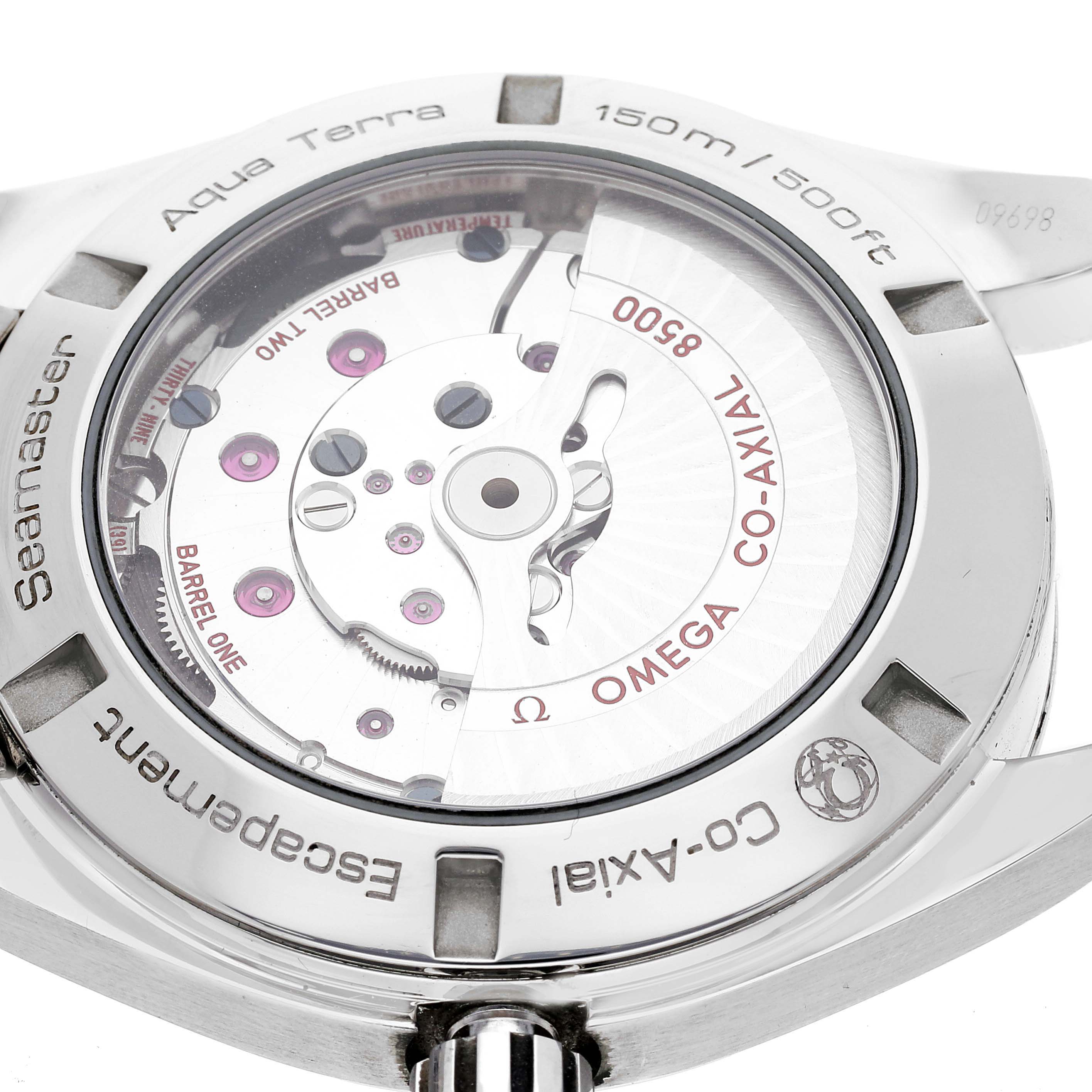 This image shows the case back of the Omega Aqua Terra 231.10.42.21.02.002 Men
s Stainless Steel Silver Dial 231.10.42.21.02.002 Men
s Stainless Steel Silver Dial model, revealing the Co-Axial movement inside.