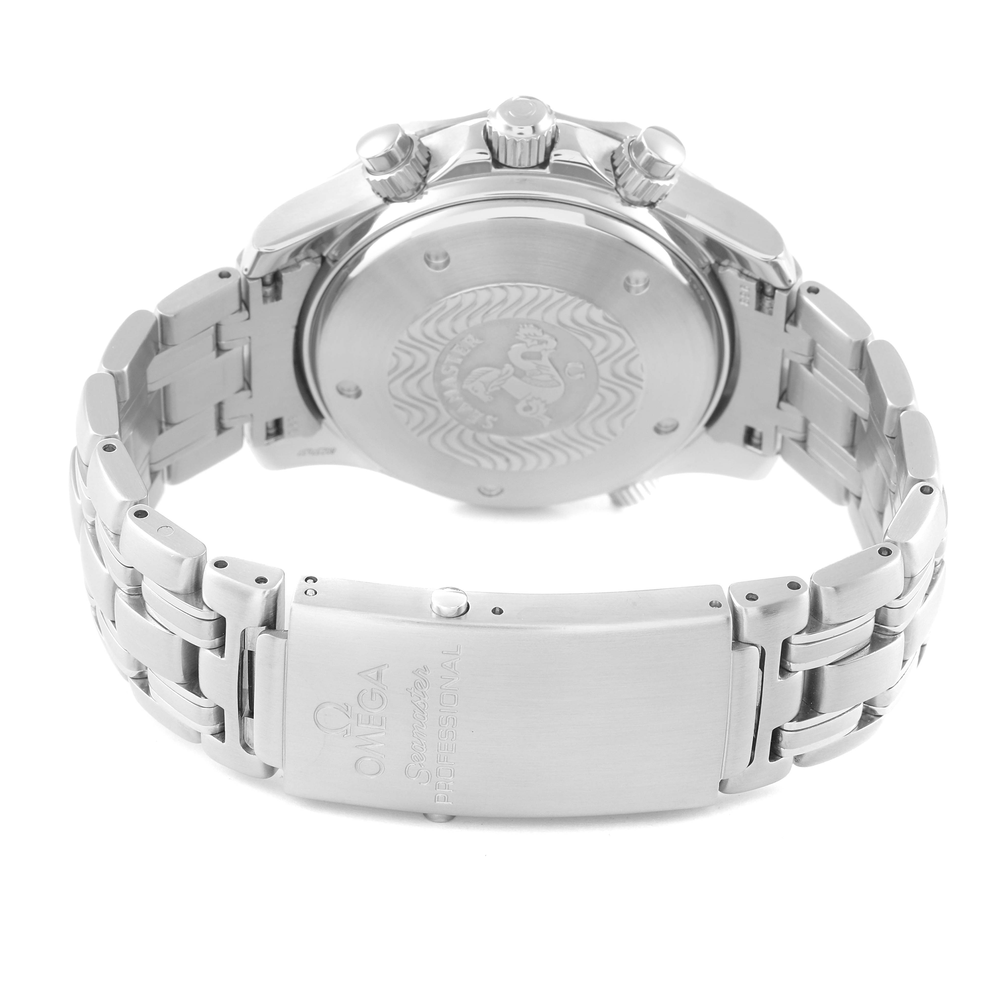 The image shows the back view of an Omega Seamaster 2598.80.00 Men's Stainless Steel Blue Dial 2598.80.00 Men's Stainless Steel Blue Dial watch, including the case back, bracelet, and clasp.