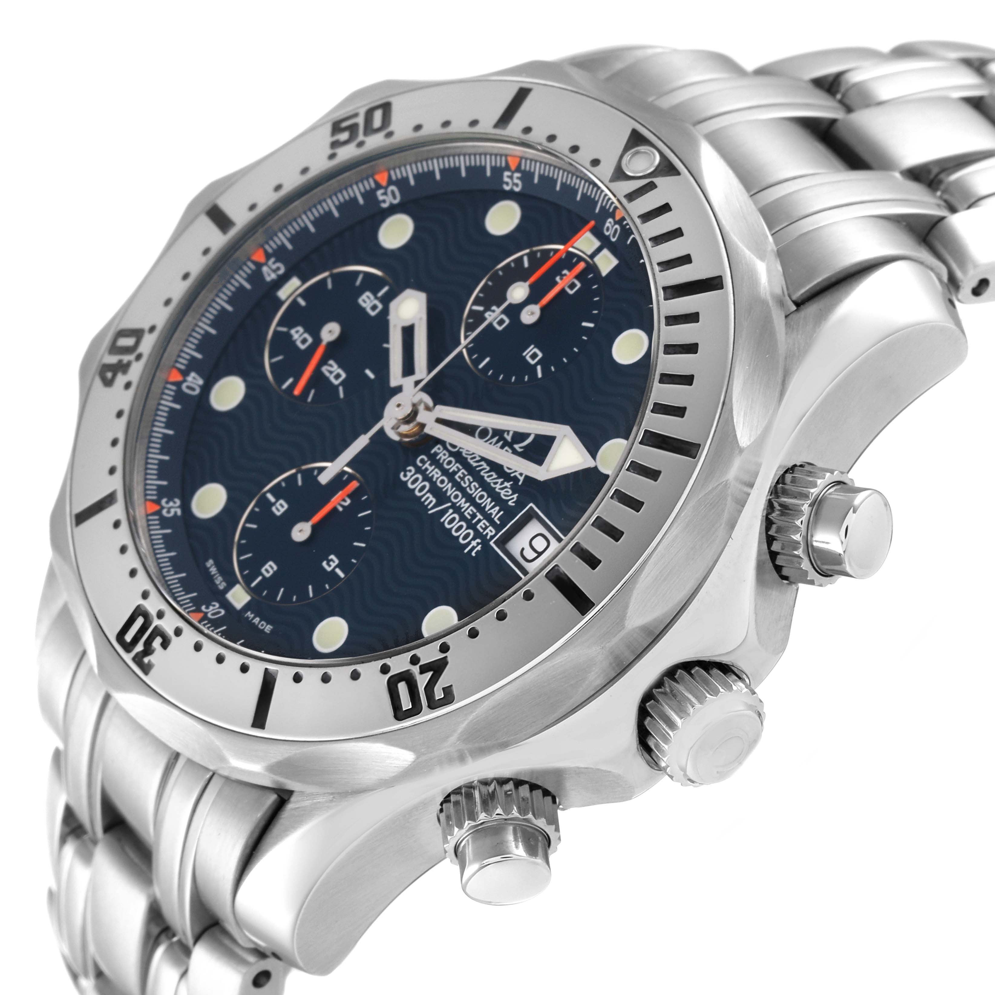 The Omega Seamaster 2598.80.00 Men's Stainless Steel Blue Dial 2598.80.00 Men's Stainless Steel Blue Dial watch is shown at an angle highlighting its face, bezel, pushers, and crown.