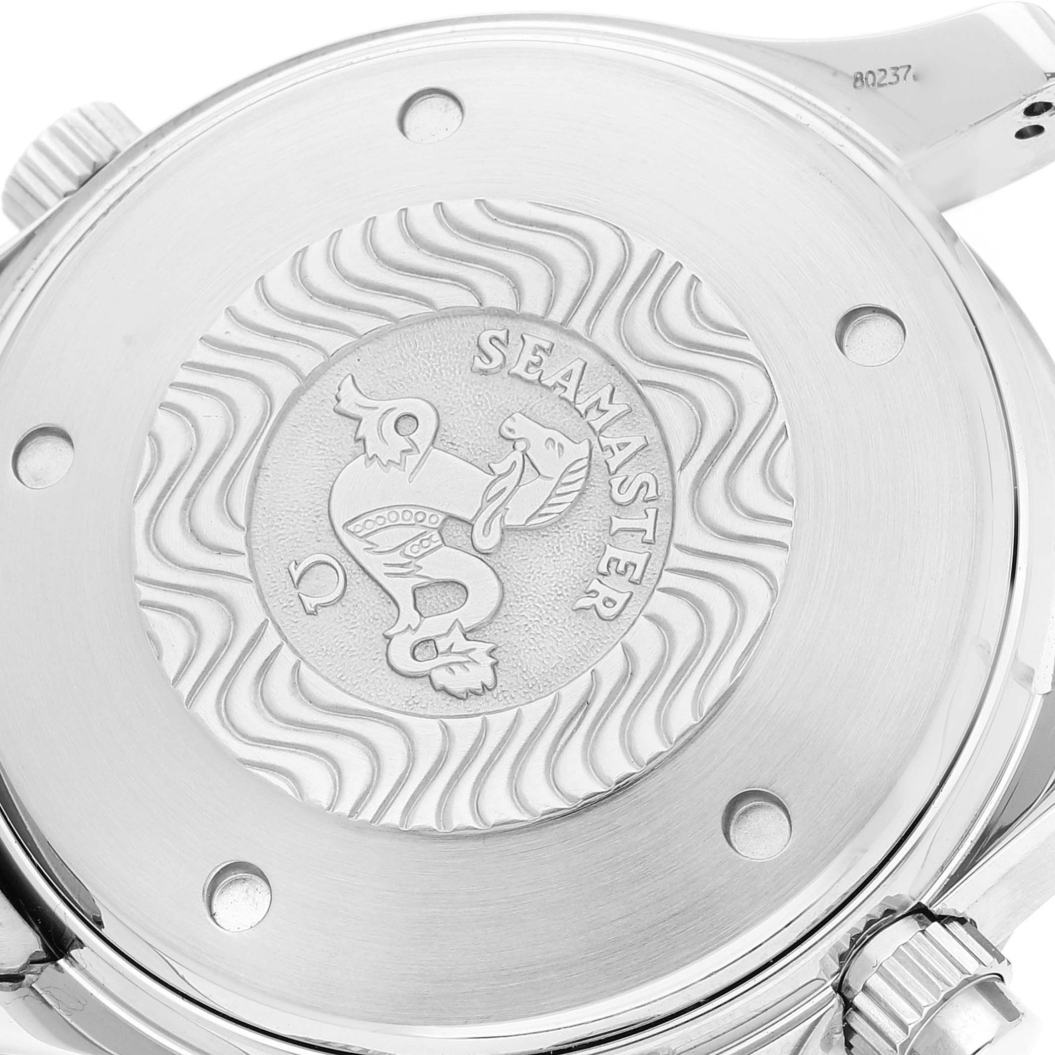 The image shows the case back of an Omega Seamaster 2598.80.00 Men's Stainless Steel Blue Dial 2598.80.00 Men's Stainless Steel Blue Dial watch.