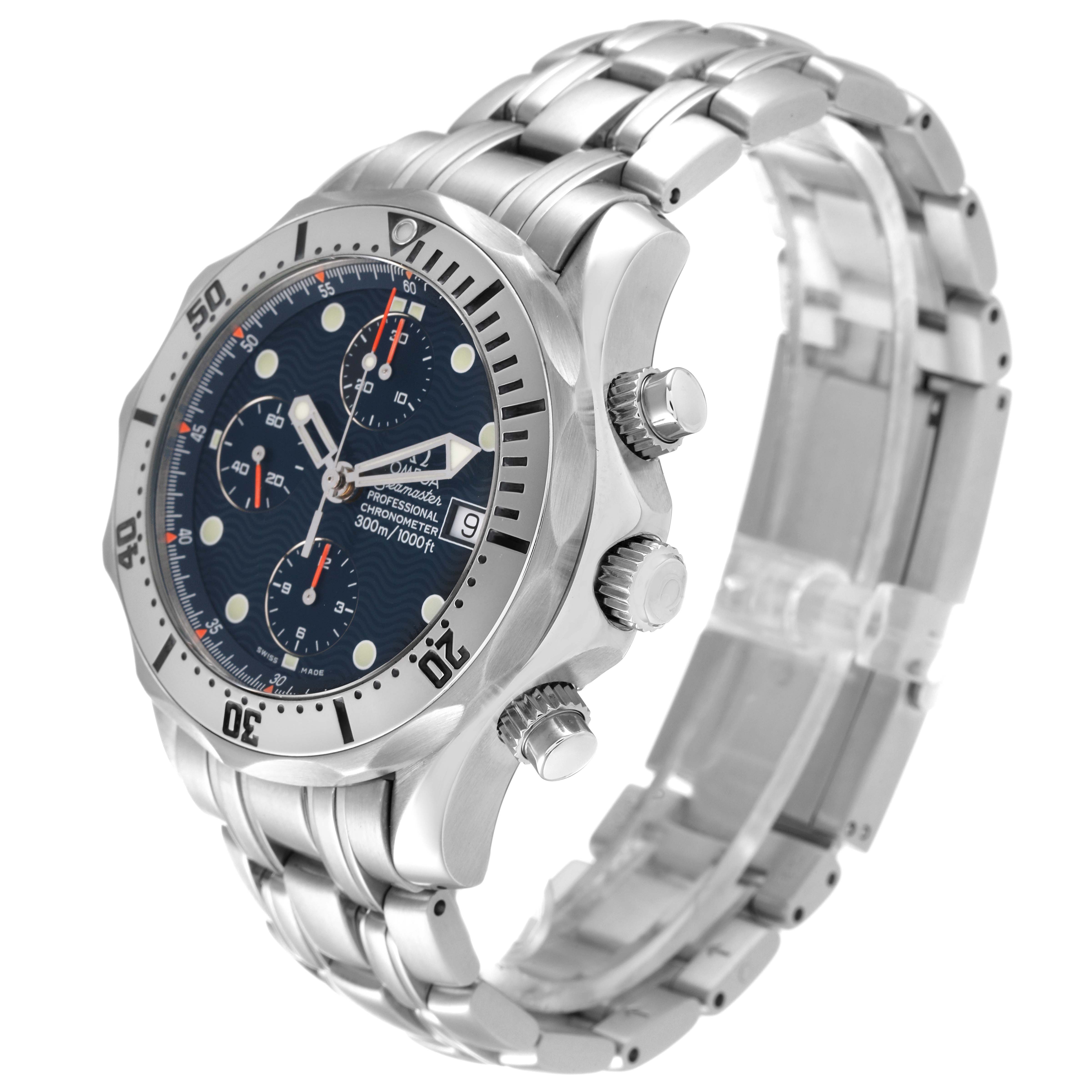 The image shows a side angle of the Omega Seamaster 2598.80.00 Men's Stainless Steel Blue Dial 2598.80.00 Men's Stainless Steel Blue Dial watch, highlighting its bezel, dial, bracelet, and chronograph pushers.