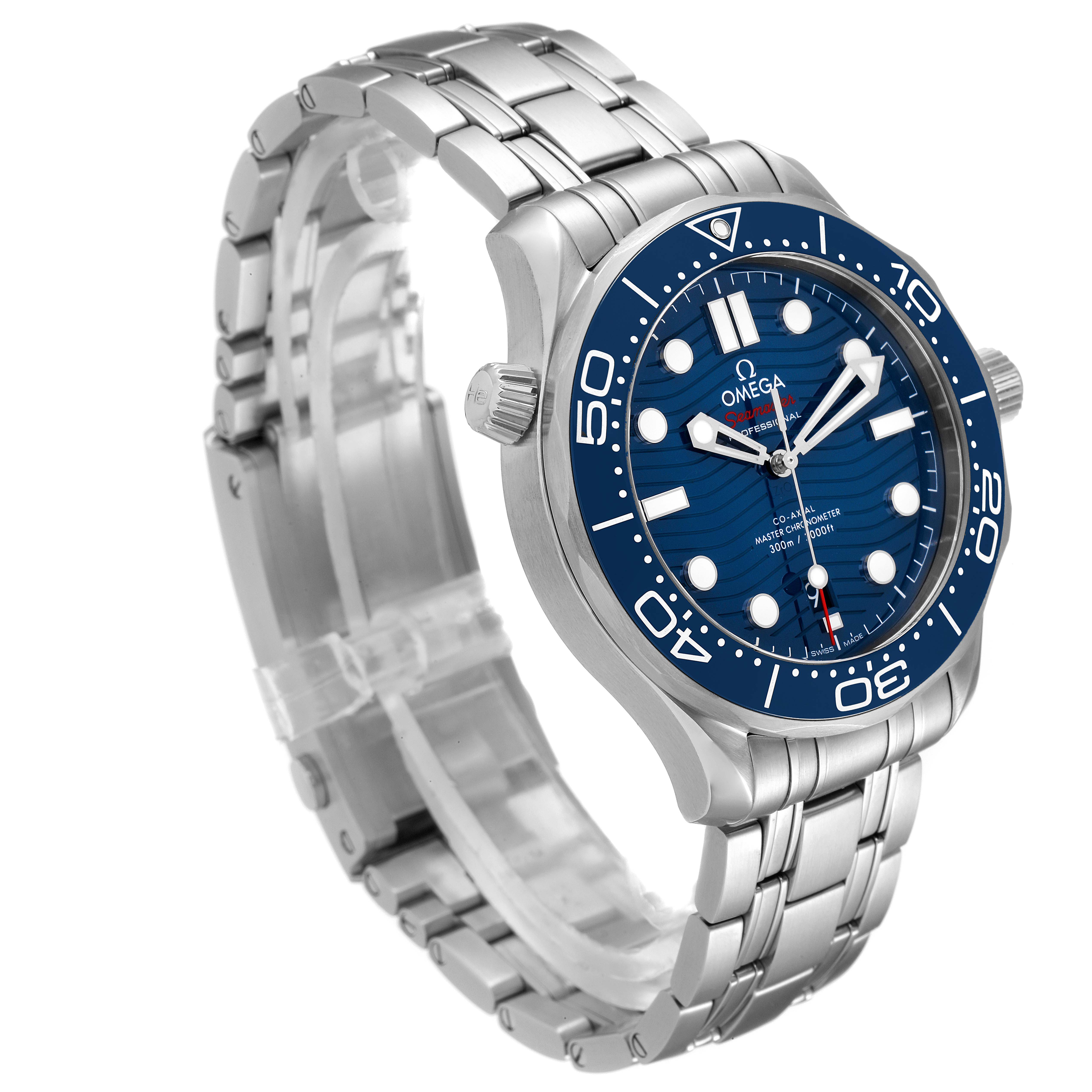 The image shows an angled view of the Omega Seamaster 210.30.42.20.03.001 Men's Stainless Steel Blue Dial 210.30.42.20.03.001 Men's Stainless Steel Blue Dial watch, highlighting the blue dial, bezel, steel case, and metal bracelet.