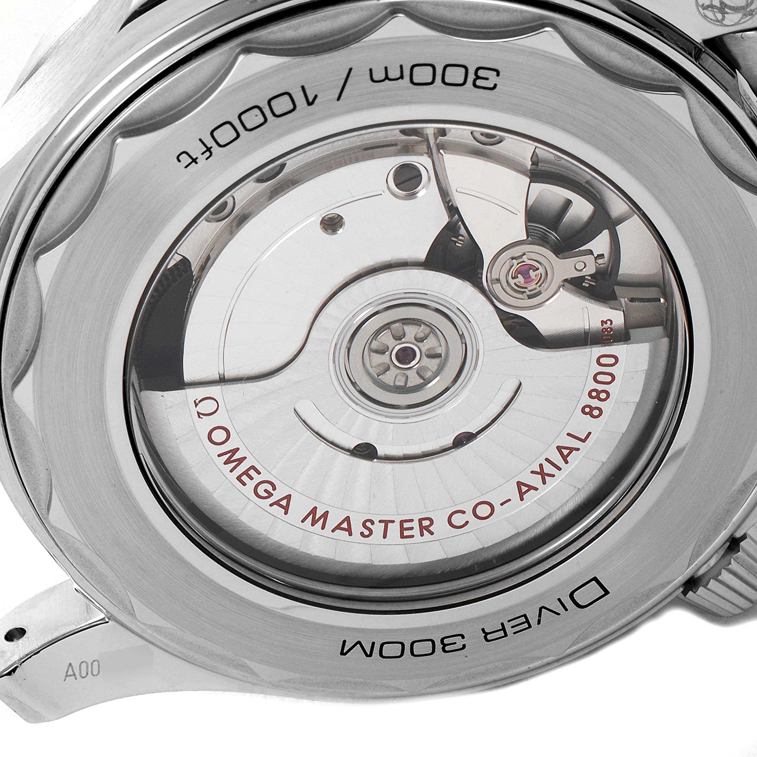 The image shows the back view of an Omega Seamaster 210.30.42.20.03.001 Men's Stainless Steel Blue Dial 210.30.42.20.03.001 Men's Stainless Steel Blue Dial watch, highlighting its transparent case back and visible movement.