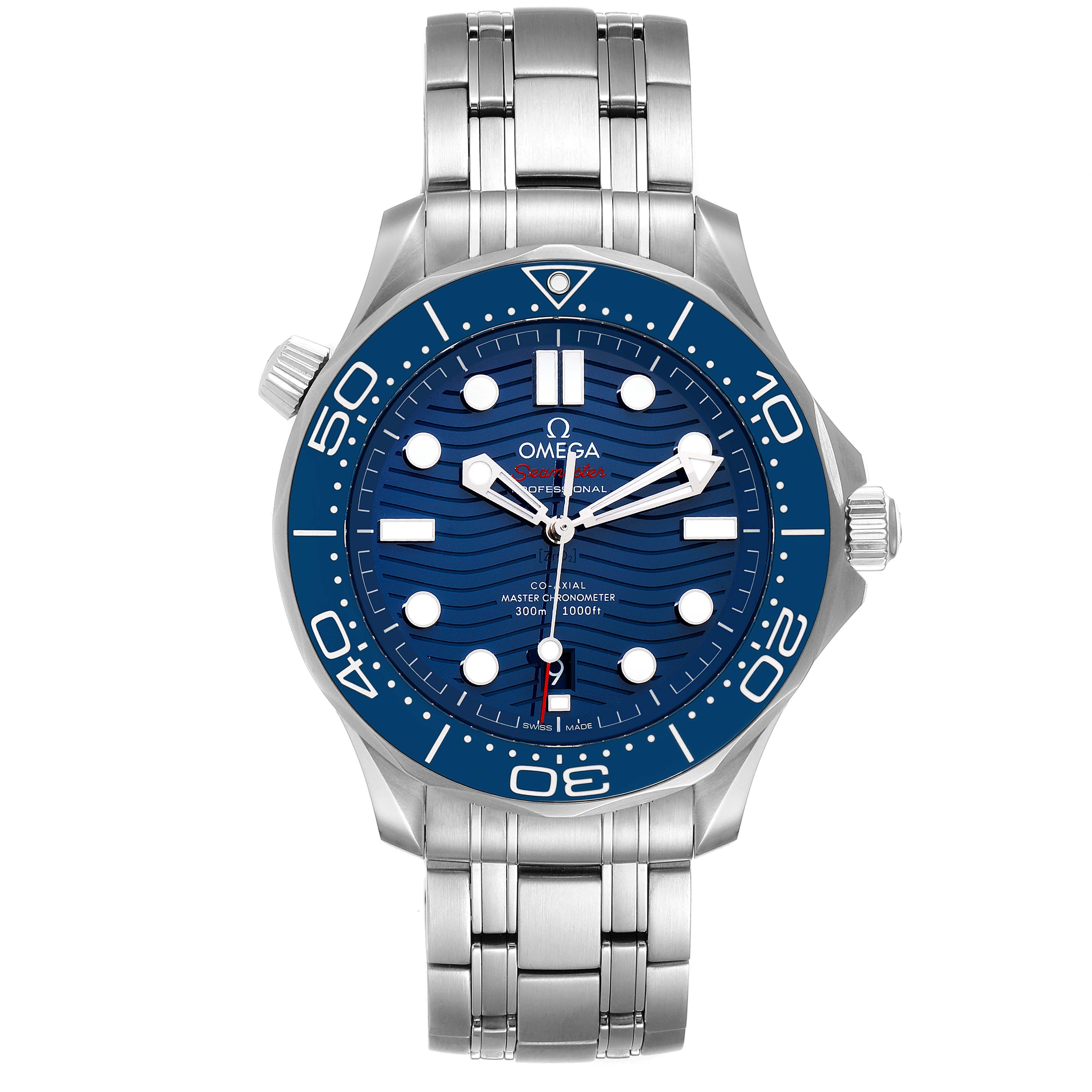 This image shows a front view of the Omega Seamaster 210.30.42.20.03.001 Men's Stainless Steel Blue Dial 210.30.42.20.03.001 Men's Stainless Steel Blue Dial watch, displaying its blue dial and stainless steel bracelet.