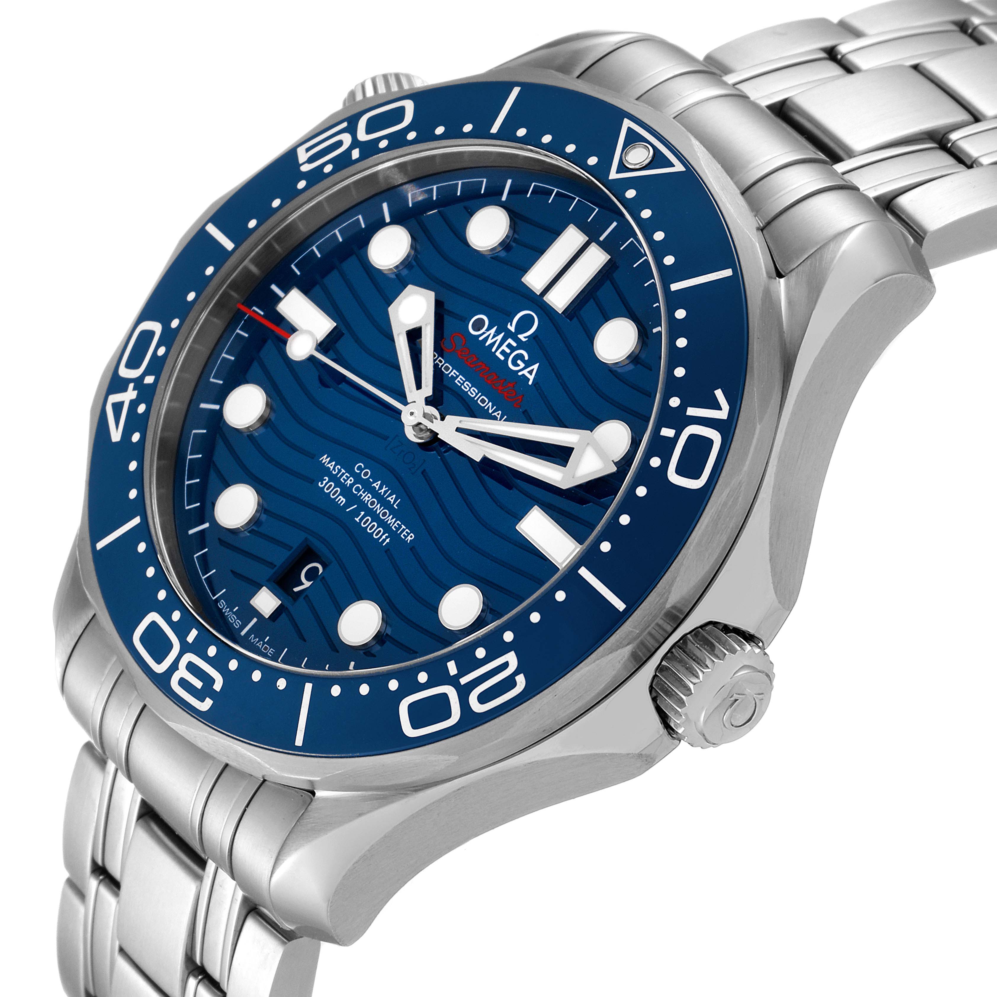 The Omega Seamaster 210.30.42.20.03.001 Men's Stainless Steel Blue Dial 210.30.42.20.03.001 Men's Stainless Steel Blue Dial watch is shown at a three-quarter angle, displaying its blue dial, bezel, bracelet, and crown.