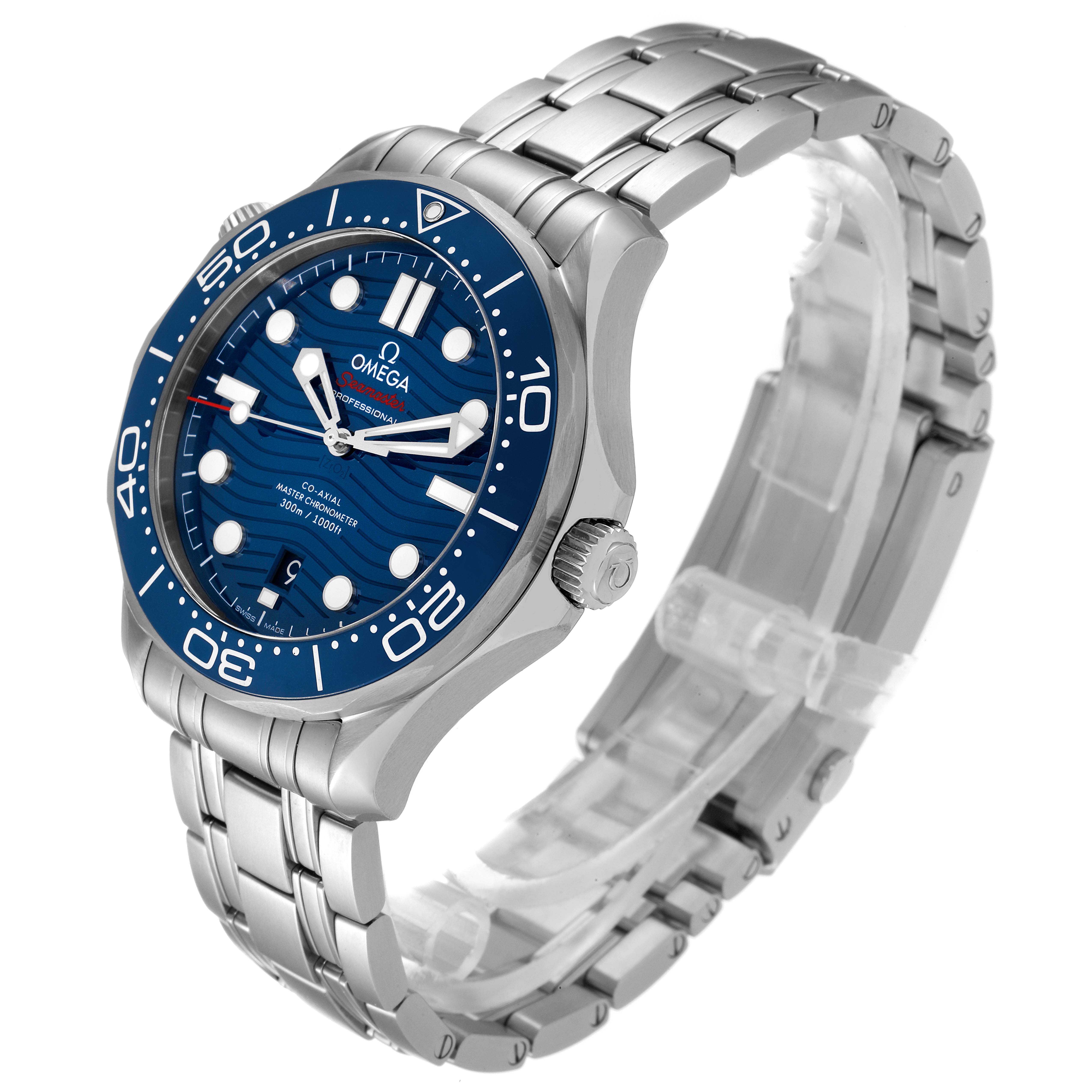 The image shows an Omega Seamaster 210.30.42.20.03.001 Men's Stainless Steel Blue Dial 210.30.42.20.03.001 Men's Stainless Steel Blue Dial watch at an angled view, highlighting the face, bezel, crown, and bracelet.