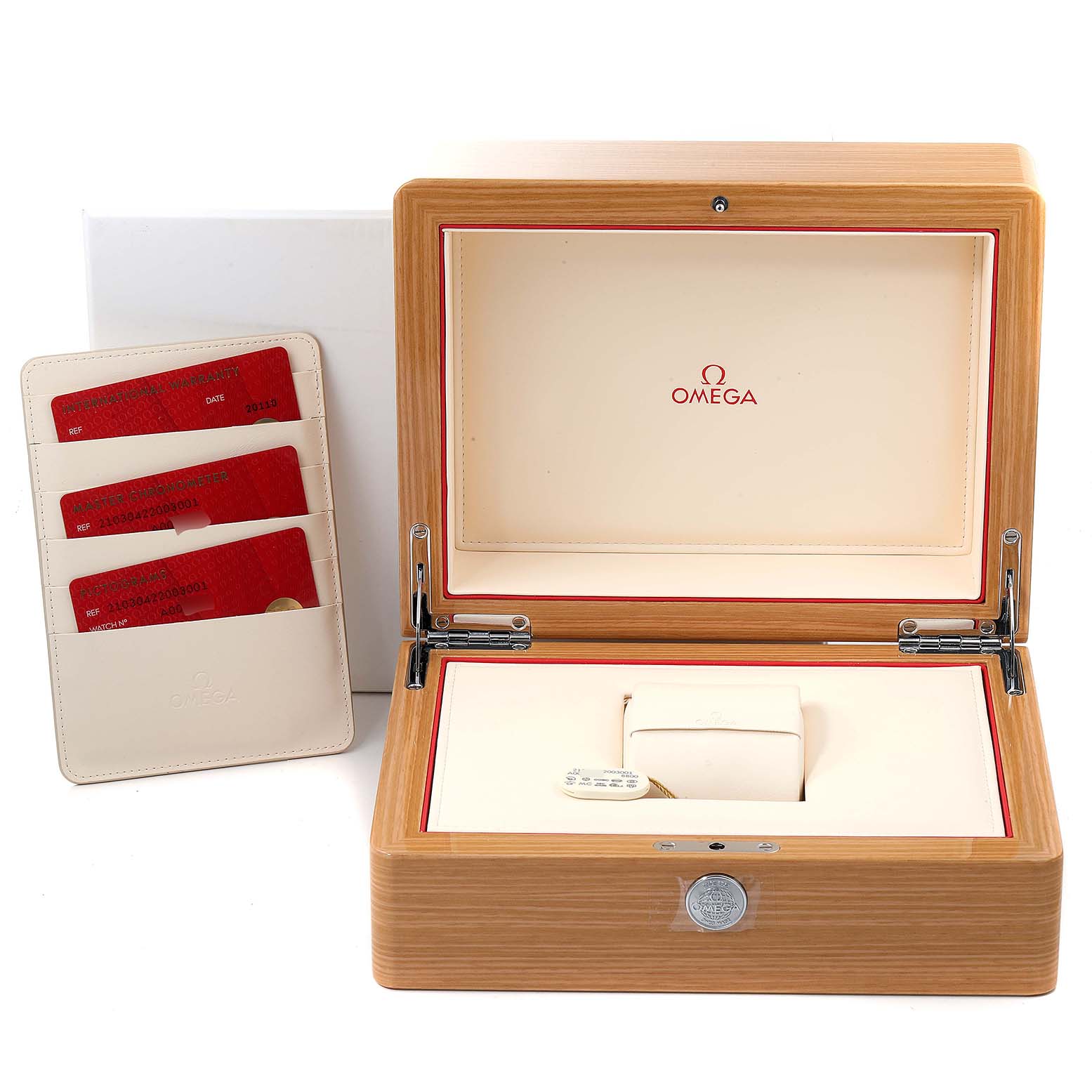 The image shows an open Omega Seamaster 210.30.42.20.03.001 Men's Stainless Steel Blue Dial 210.30.42.20.03.001 Men's Stainless Steel Blue Dial watch box and accompanying cardholder with red cards.