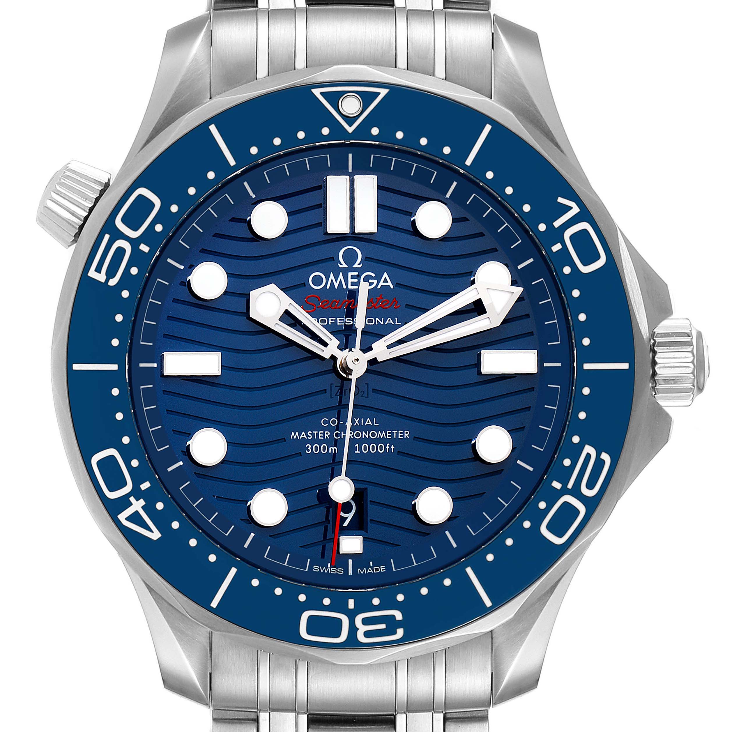 This front-facing image of the Omega Seamaster 210.30.42.20.03.001 Men's Stainless Steel Blue Dial 210.30.42.20.03.001 Men's Stainless Steel Blue Dial watch shows the dial, bezel, hands, crown, and part of the stainless steel bracelet.