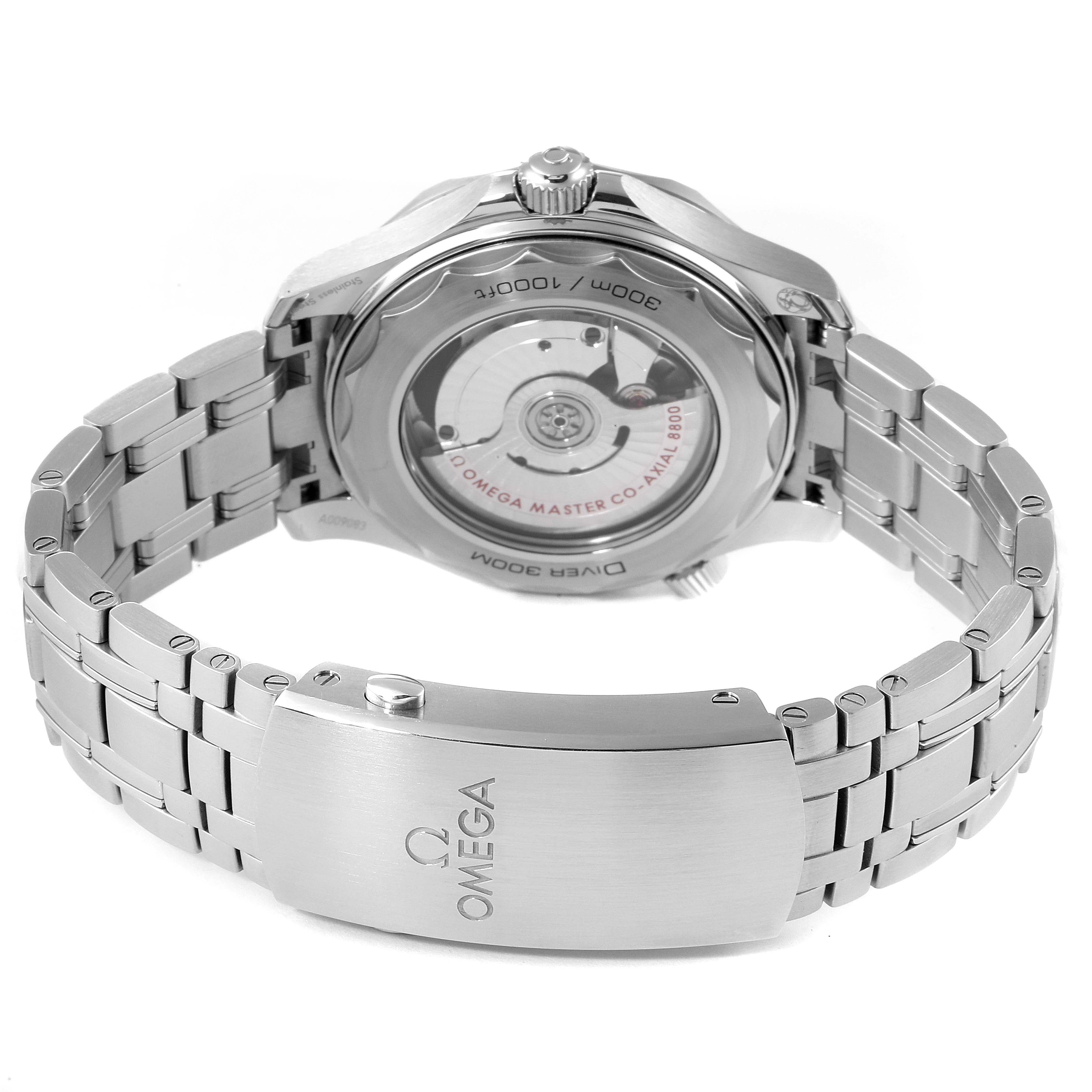 The image shows the back view of an Omega Seamaster 210.30.42.20.03.001 Men's Stainless Steel Blue Dial 210.30.42.20.03.001 Men's Stainless Steel Blue Dial watch, highlighting its clasp and open case back.