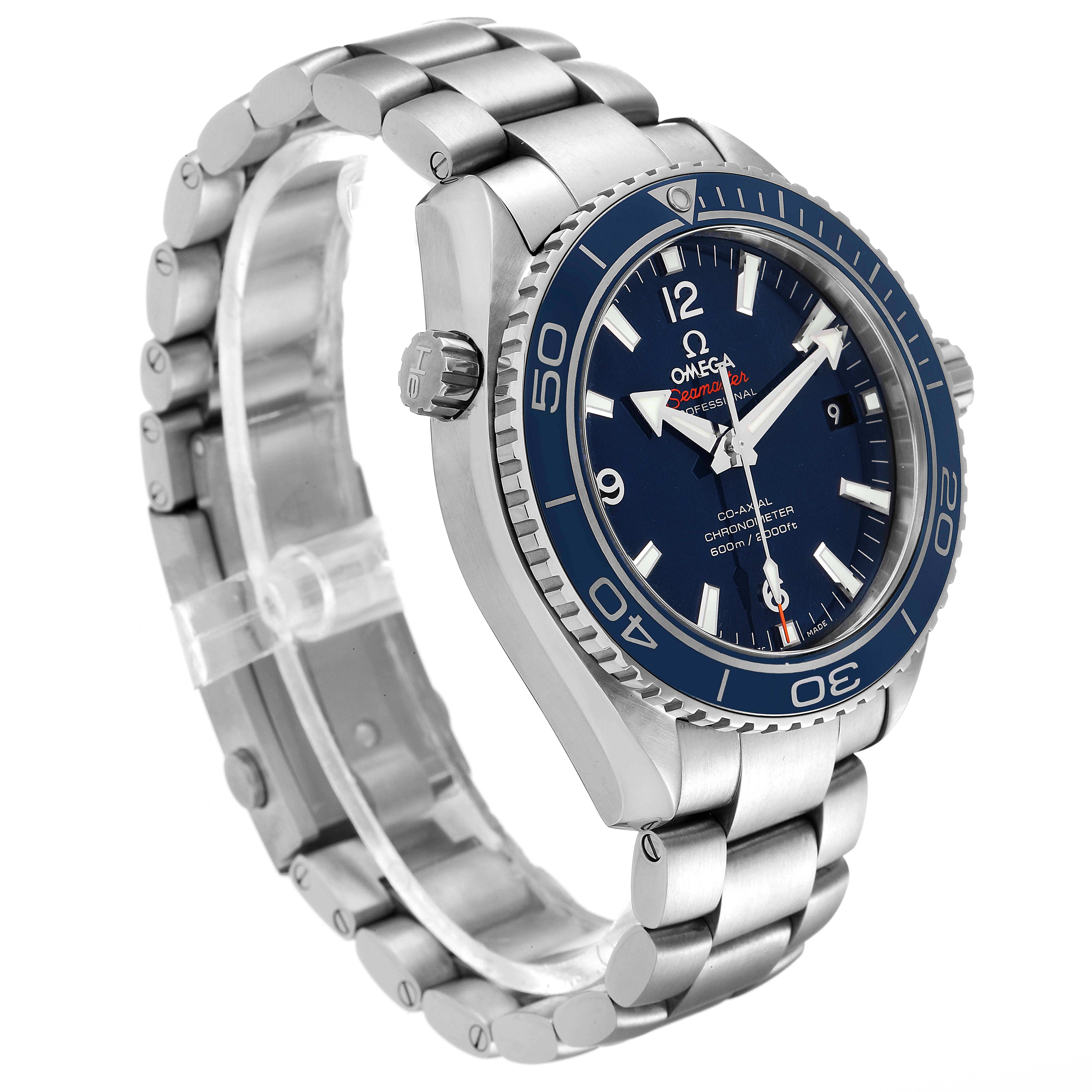 The image shows a side angle of the Omega Planet Ocean 232.90.42.21.03.001 Men's Titanium Blue Dial 232.90.42.21.03.001 Men's Titanium Blue Dial watch displaying the bezel, crown, case, and stainless steel bracelet.