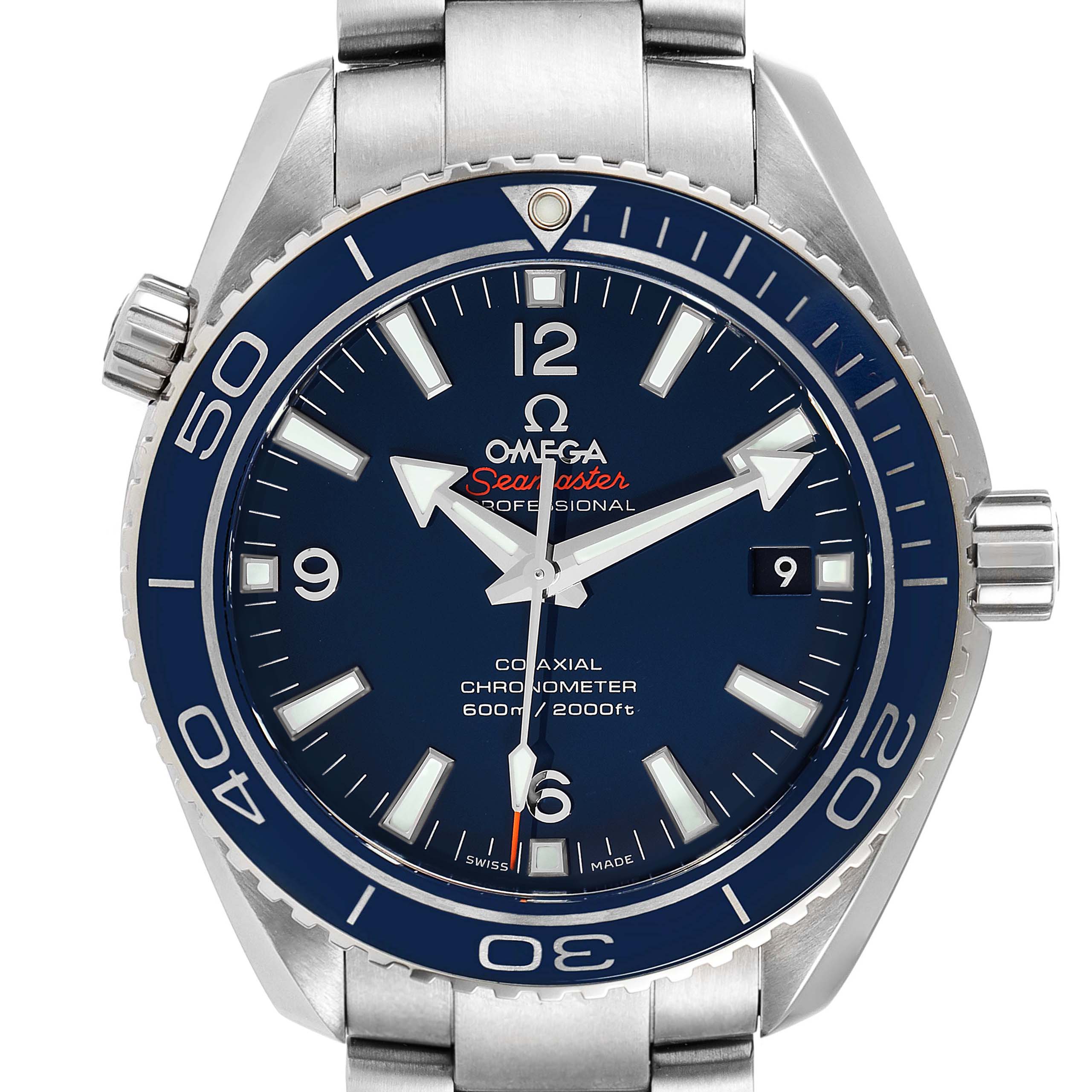 This image shows the front view of the Omega Planet Ocean 232.90.42.21.03.001 Men's Titanium Blue Dial 232.90.42.21.03.001 Men's Titanium Blue Dial Seamaster watch, highlighting its dial, bezel, and bracelet.