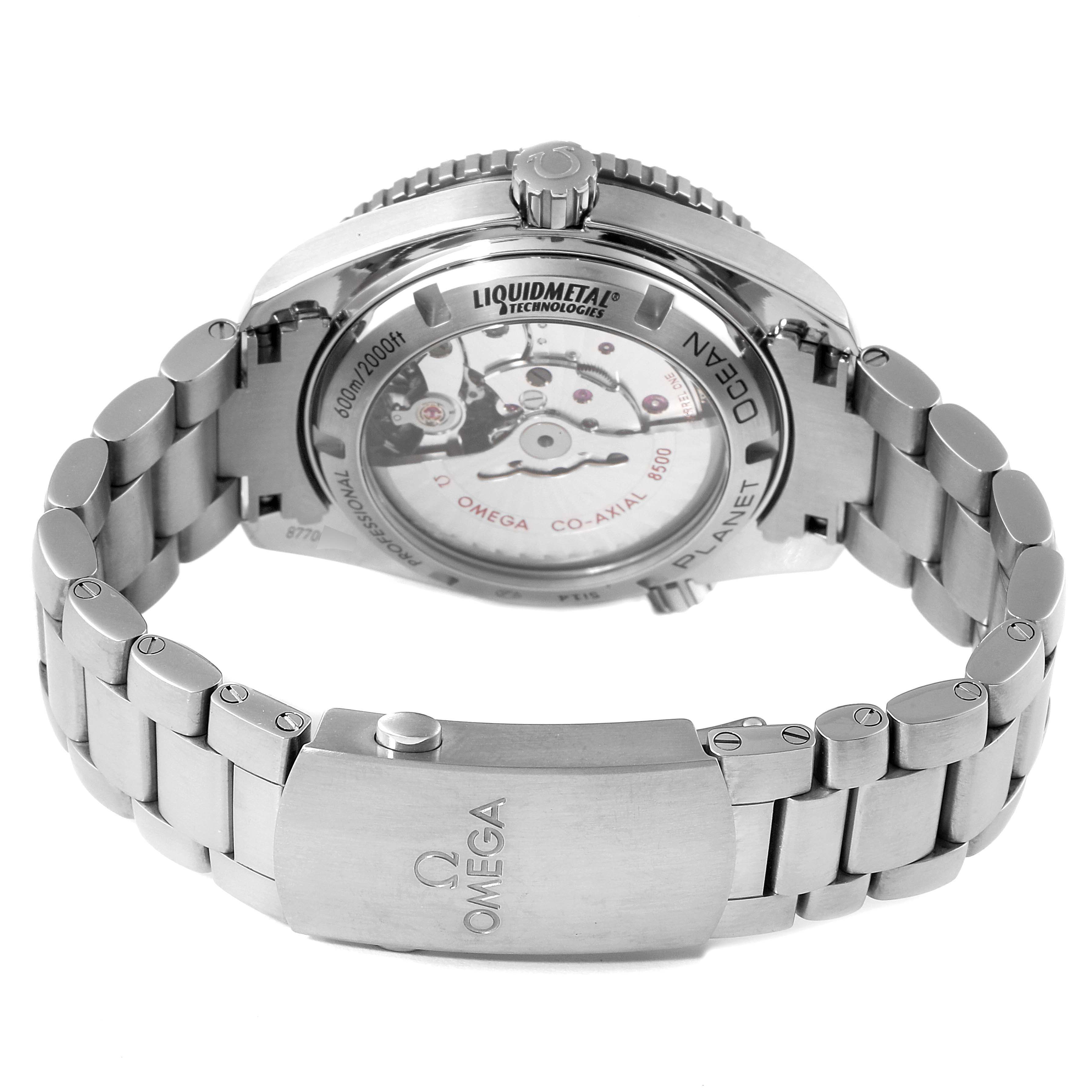 The image shows the back view of the Omega Planet Ocean 232.90.42.21.03.001 Men's Titanium Blue Dial 232.90.42.21.03.001 Men's Titanium Blue Dial watch, highlighting the transparent case back and stainless steel bracelet.