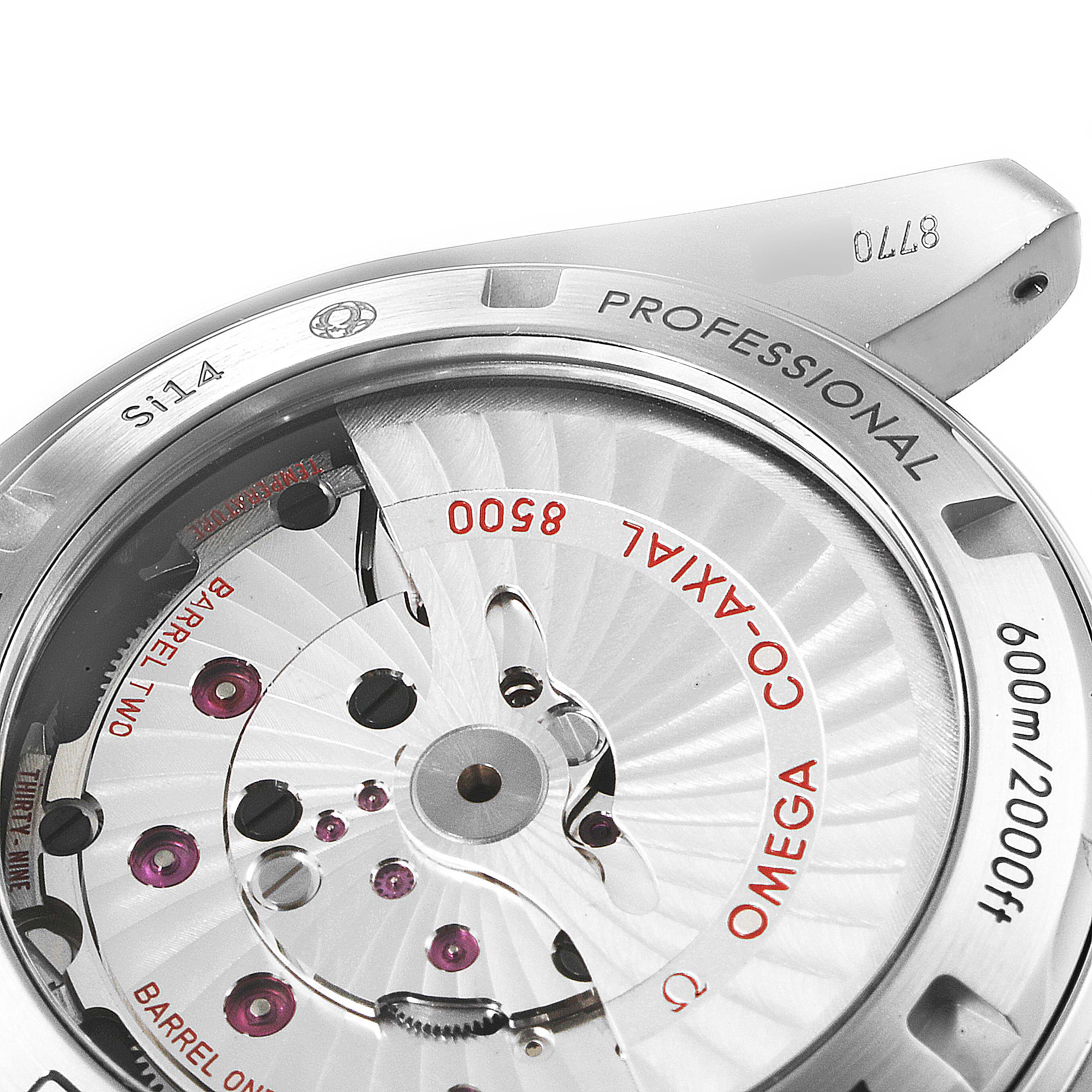 This image shows the back of an Omega Planet Ocean 232.90.42.21.03.001 Men's Titanium Blue Dial 232.90.42.21.03.001 Men's Titanium Blue Dial watch, highlighting the Co-Axial 8500 movement and professional markings.