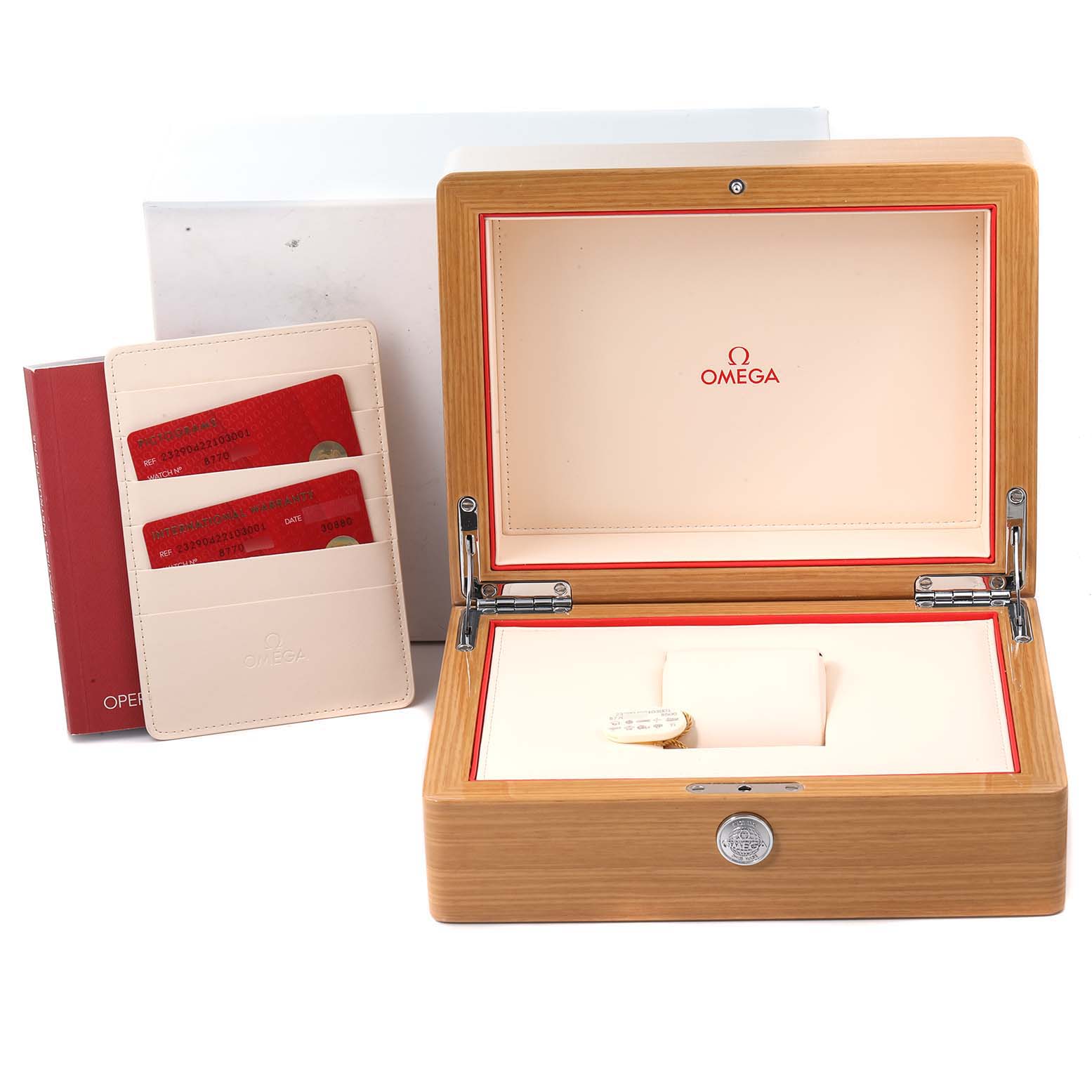 The image shows a wooden Omega Planet Ocean 232.90.42.21.03.001 Men's Titanium Blue Dial 232.90.42.21.03.001 Men's Titanium Blue Dial watch box and wallet with documentation viewed from the top.