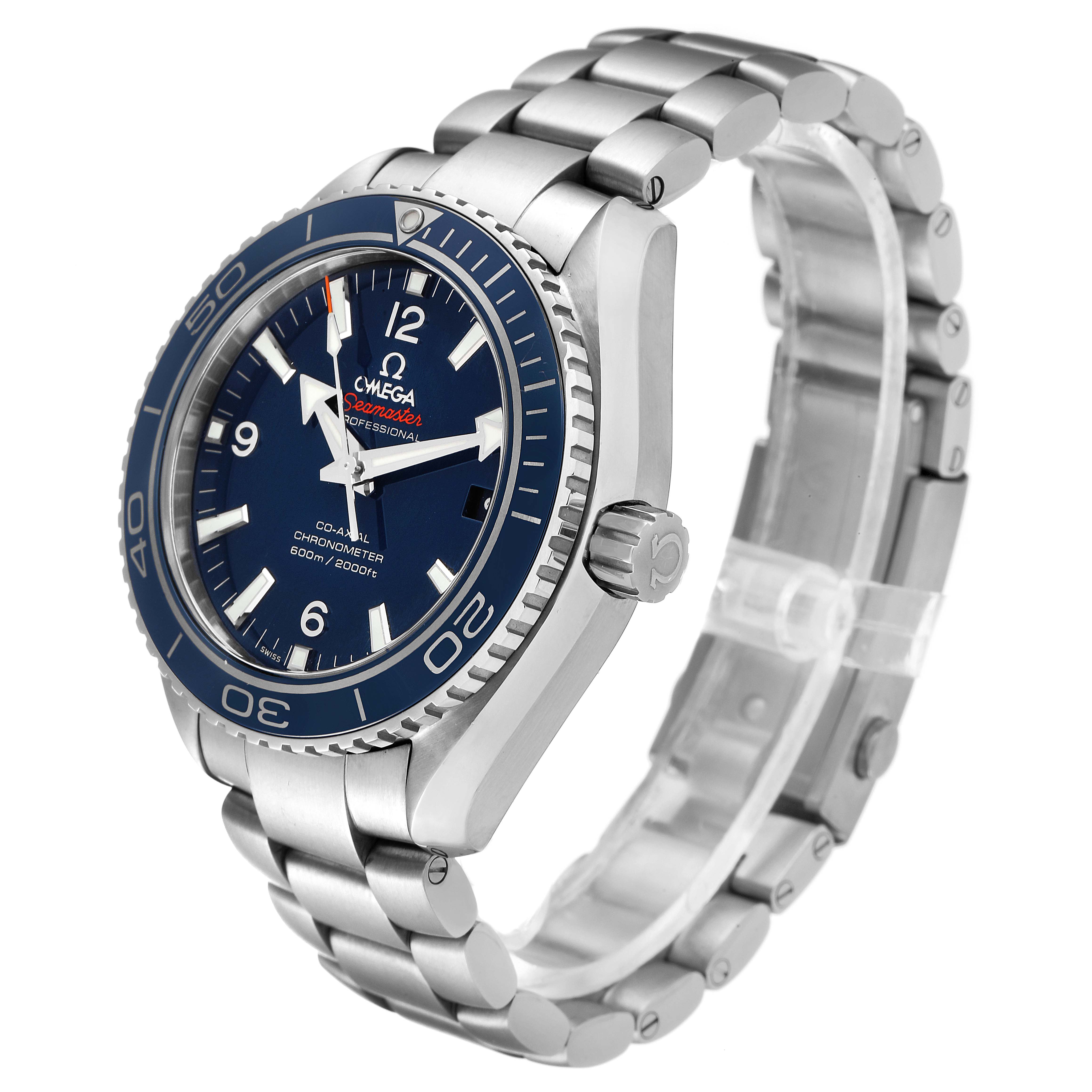 The Omega Planet Ocean 232.90.42.21.03.001 Men's Titanium Blue Dial 232.90.42.21.03.001 Men's Titanium Blue Dial watch is shown at a three-quarter angle displaying the dial, bezel, crown, and bracelet.
