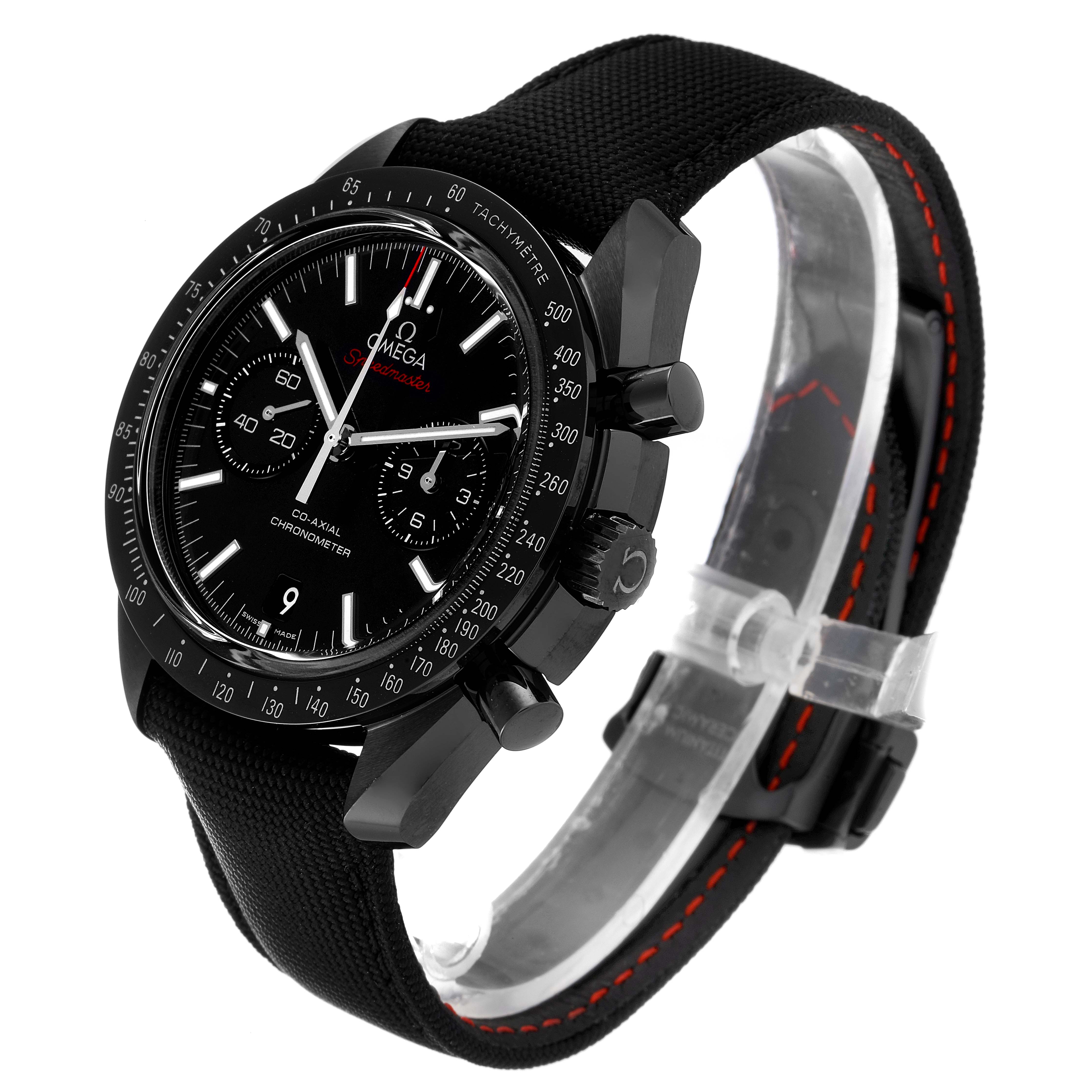 The image shows an angled view of an Omega Speedmaster 311.92.44.51.01.007 Men's Ceramic Black Dial 311.92.44.51.01.007 Men's Ceramic Black Dial watch, highlighting its face, bezel, pushers, and strap.