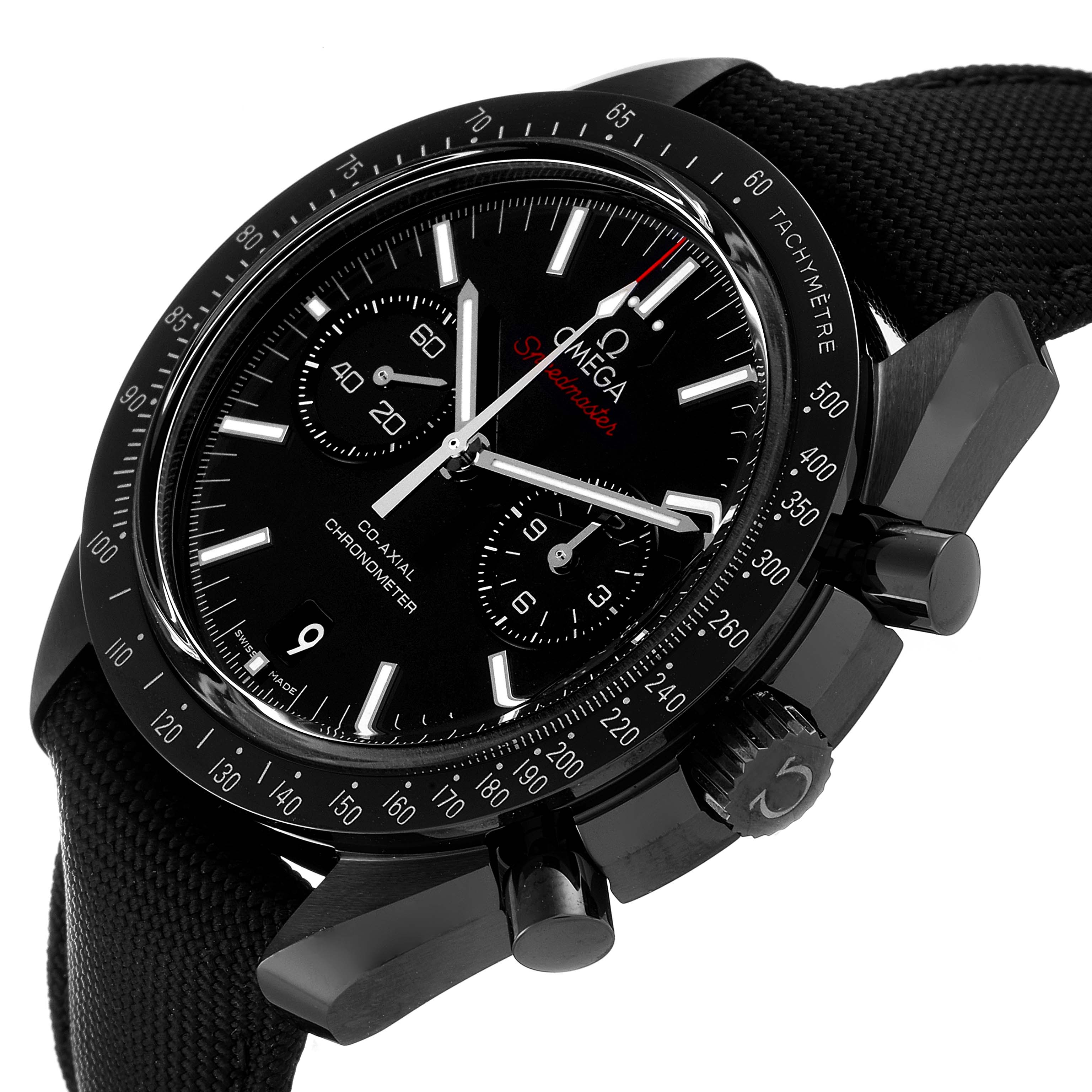 The image shows a close-up angle of the Omega Speedmaster 311.92.44.51.01.007 Men's Ceramic Black Dial 311.92.44.51.01.007 Men's Ceramic Black Dial watch, featuring its black dial, chronograph sub-dials, tachymeter bezel, and black strap.