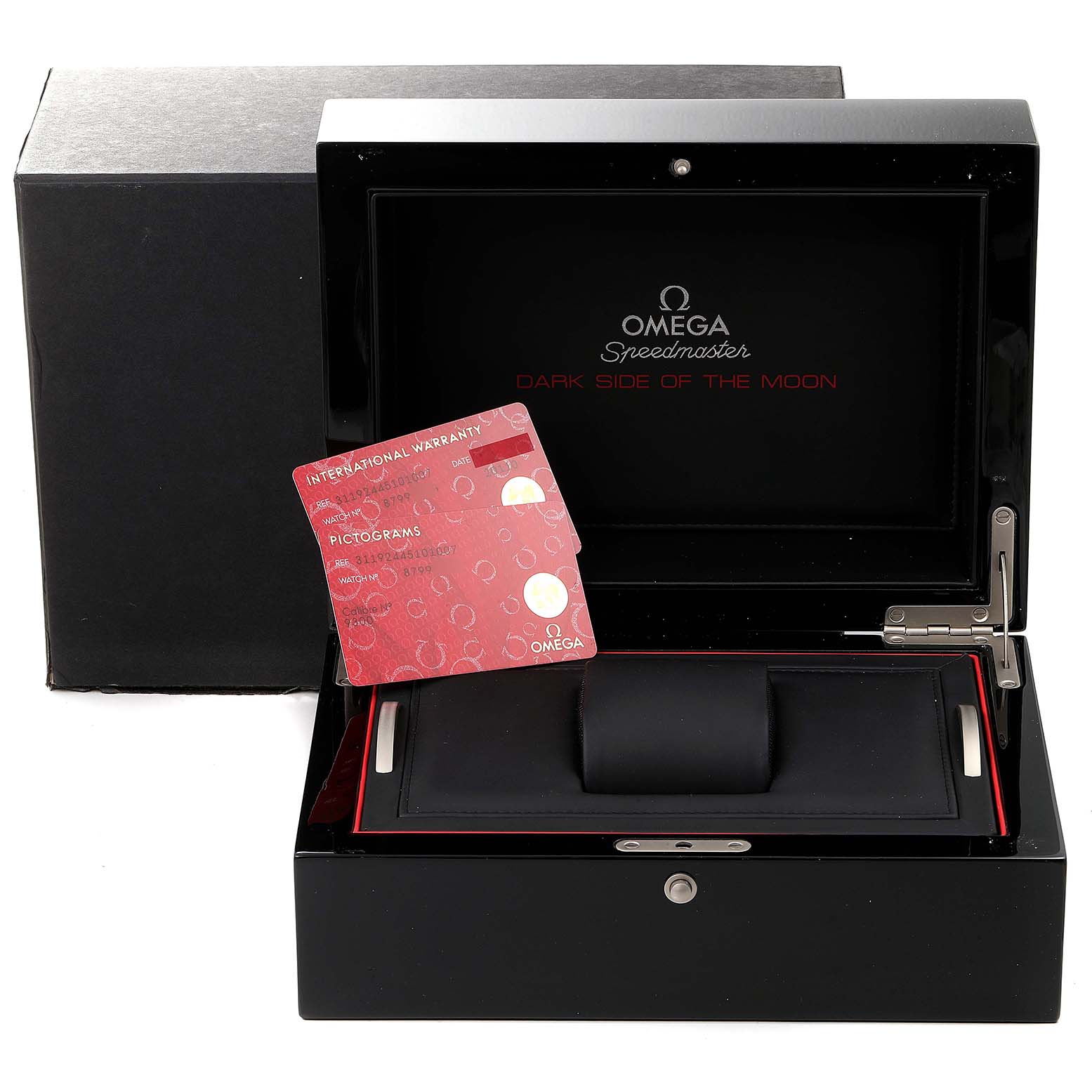 The image shows an Omega Speedmaster 311.92.44.51.01.007 Men's Ceramic Black Dial 311.92.44.51.01.007 Men's Ceramic Black Dial watch box with a warranty card, viewed from the front.