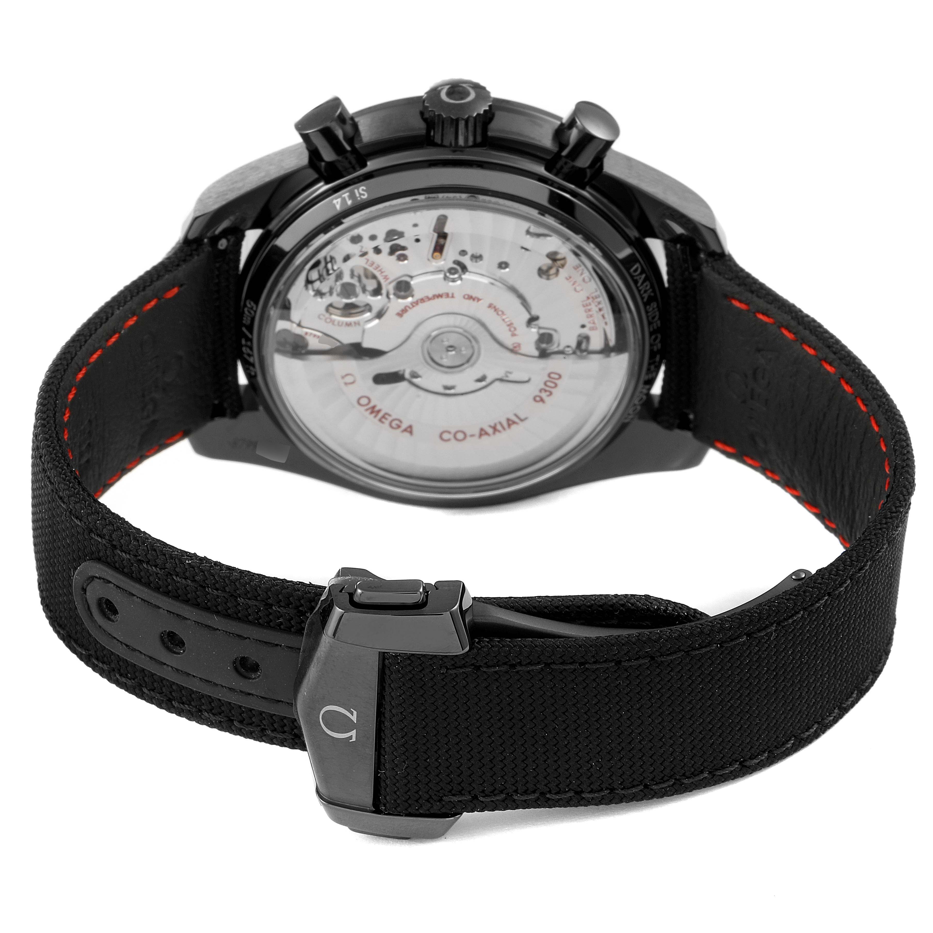 The image shows the back view of the Omega Speedmaster 311.92.44.51.01.007 Men's Ceramic Black Dial 311.92.44.51.01.007 Men's Ceramic Black Dial, highlighting its transparent case back and mechanical components.