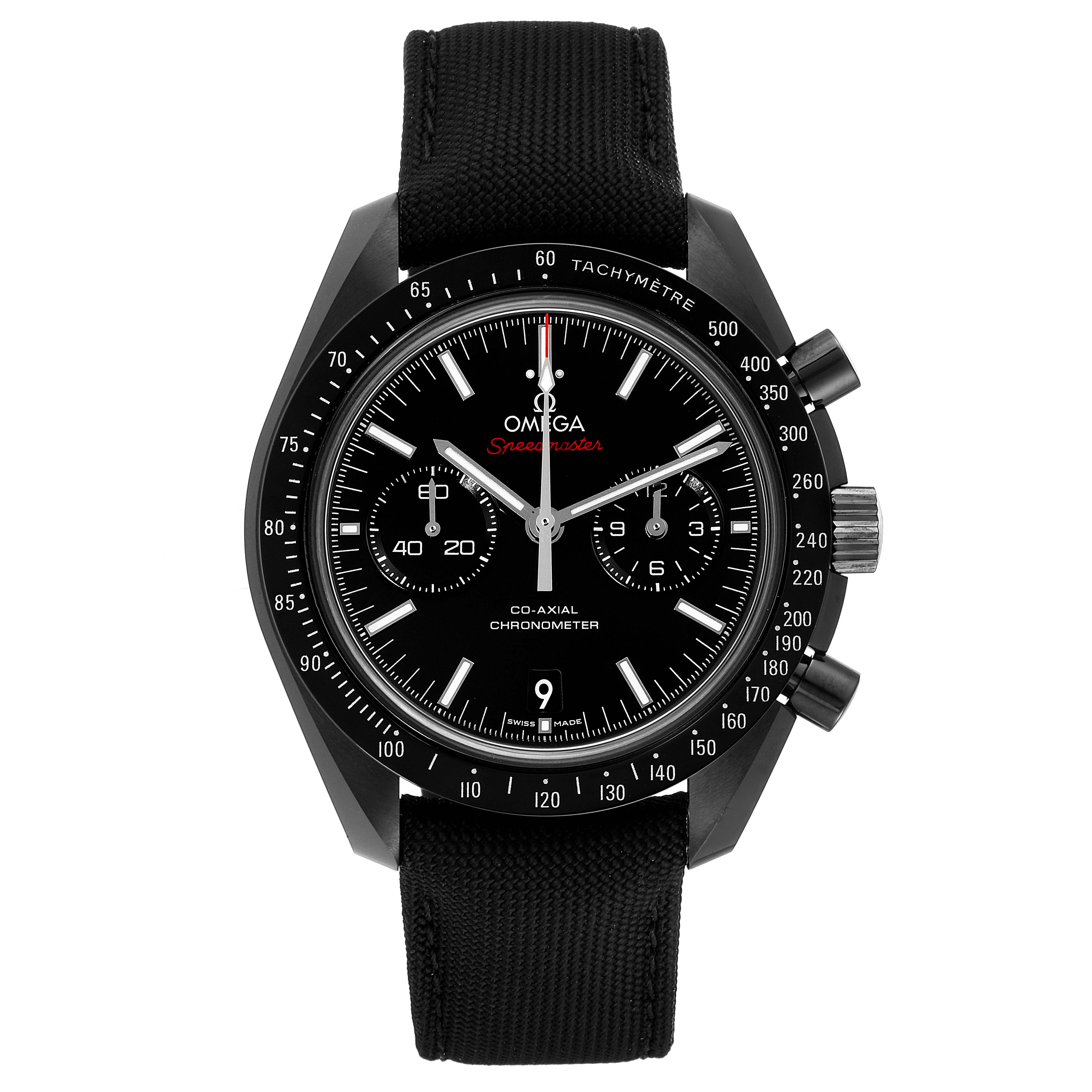 The image shows a front view of an Omega Speedmaster 311.92.44.51.01.007 Men's Ceramic Black Dial 311.92.44.51.01.007 Men's Ceramic Black Dial watch, highlighting the face, bezel, crown, and chronograph pushers.
