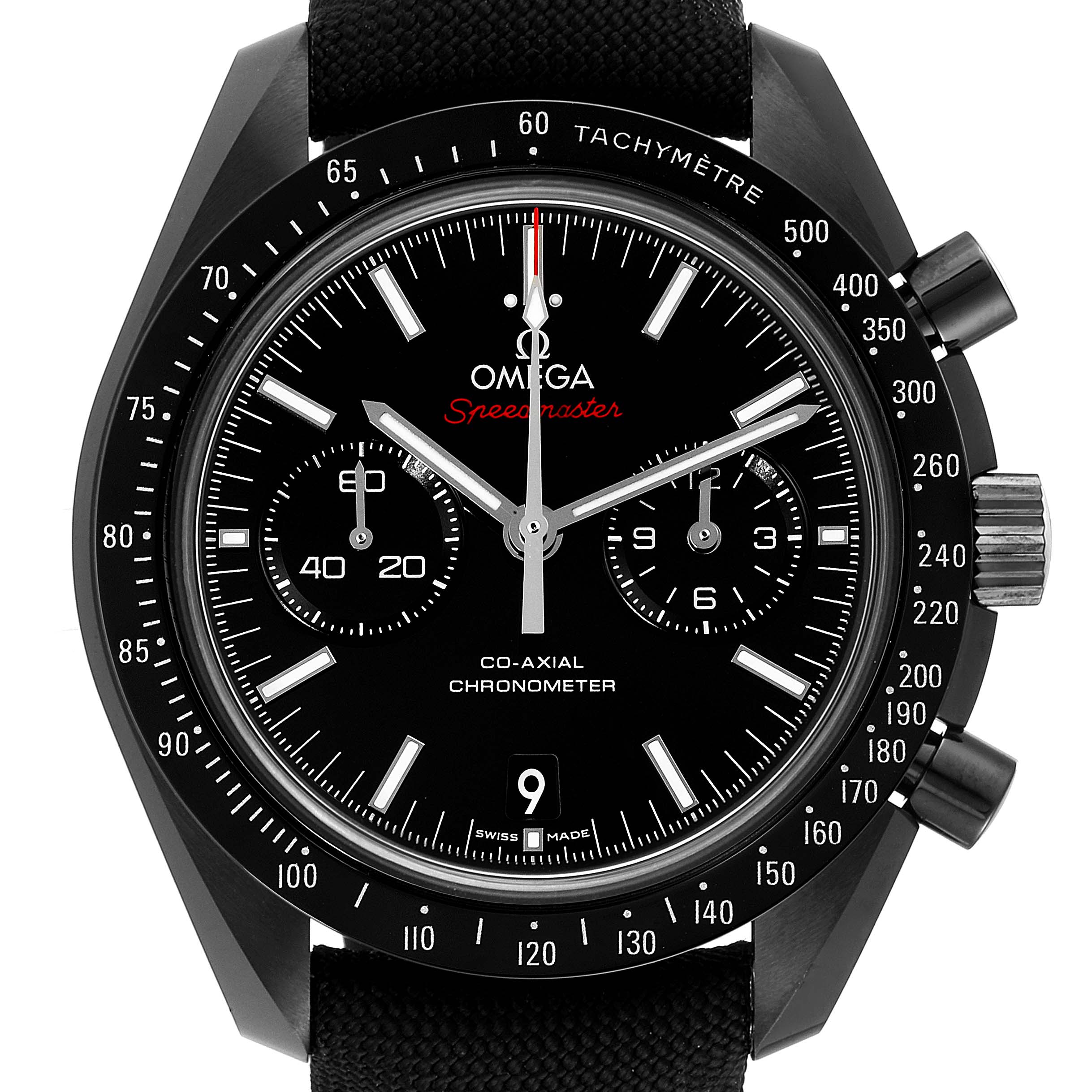 The image shows a frontal view of the Omega Speedmaster 311.92.44.51.01.007 Men's Ceramic Black Dial 311.92.44.51.01.007 Men's Ceramic Black Dial watch, highlighting the dial, tachymeter bezel, and chronograph subdials.