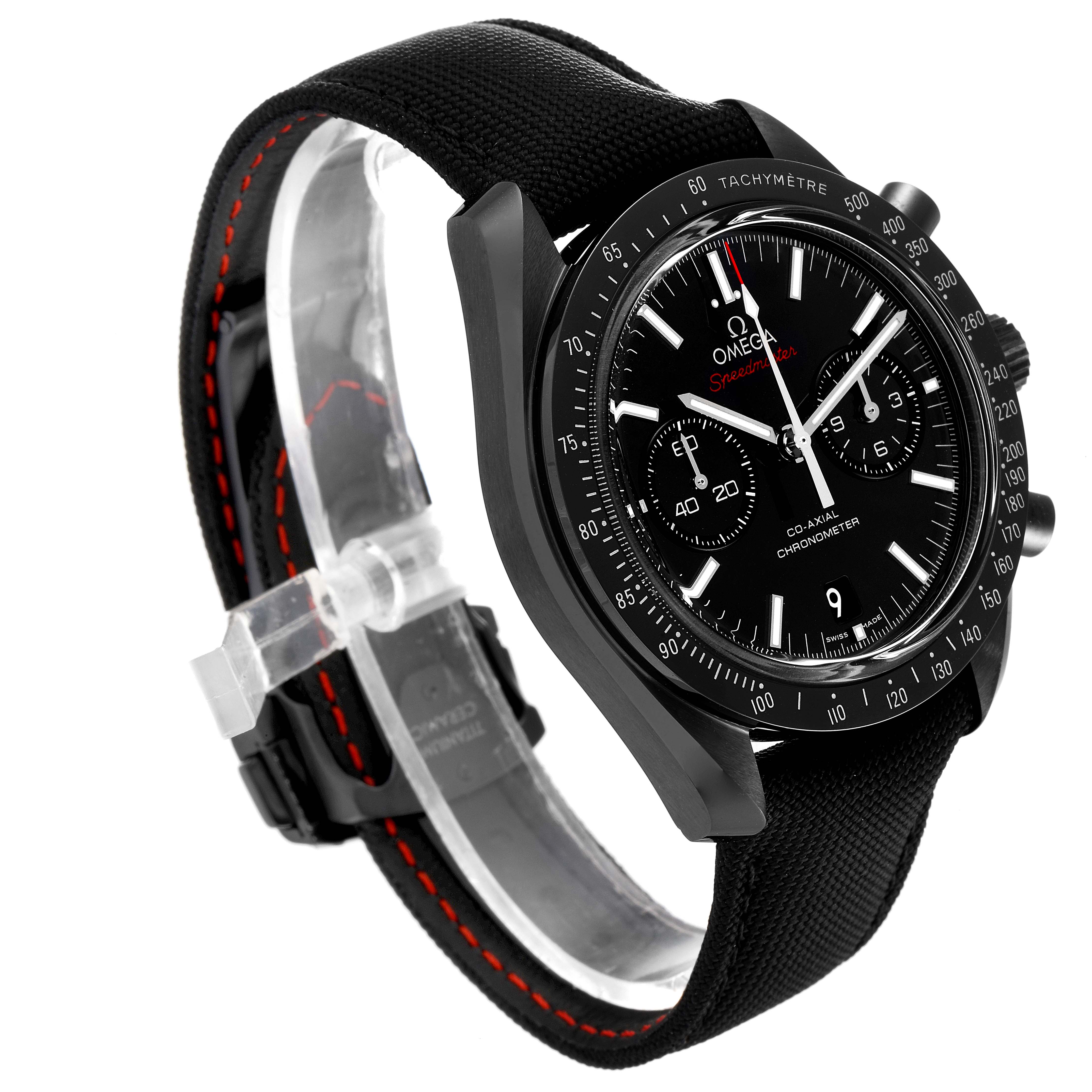 The image shows the Omega Speedmaster 311.92.44.51.01.007 Men's Ceramic Black Dial 311.92.44.51.01.007 Men's Ceramic Black Dial watch at a three-quarter angle, highlighting the face, bezel, strap, and chronograph buttons.