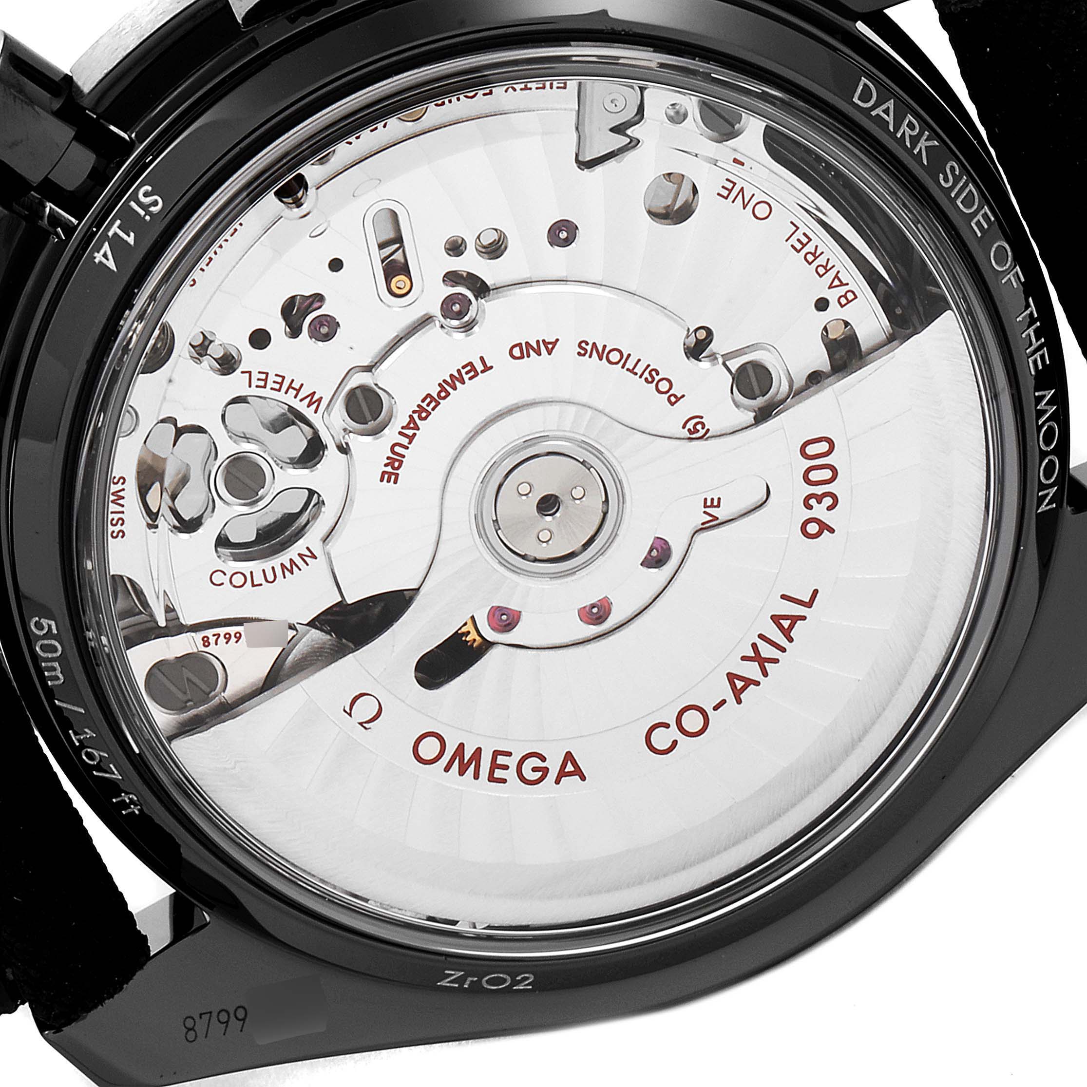 This is a rear view of the Omega Speedmaster 311.92.44.51.01.007 Men's Ceramic Black Dial 311.92.44.51.01.007 Men's Ceramic Black Dial, showing its intricate co-axial 9300 movement mechanism.