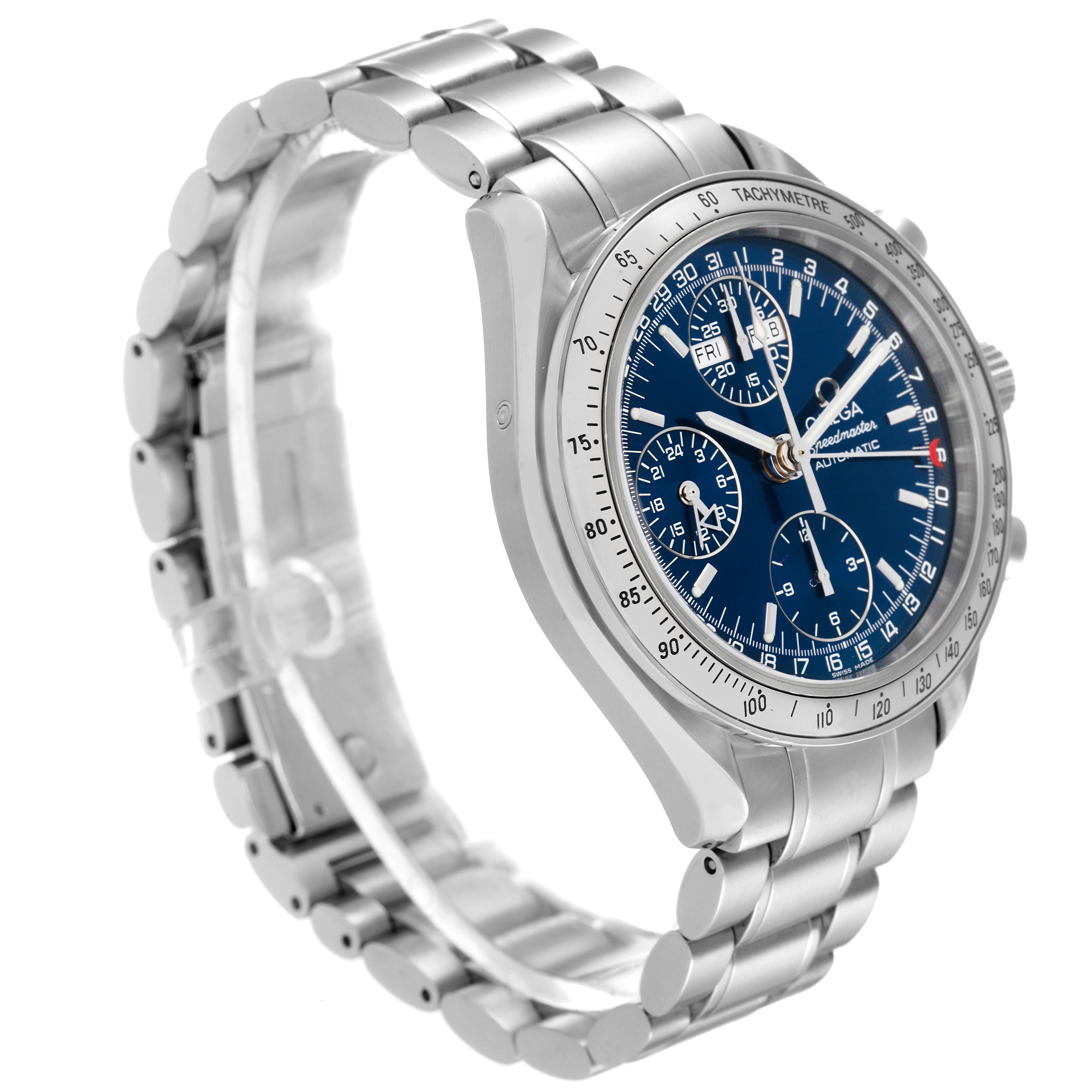 The image shows an Omega Speedmaster 3523.80.00 Men's Stainless Steel Blue Dial 3523.80.00 Men's Stainless Steel Blue Dial watch from an angled side view, displaying the bracelet, case, and dial.