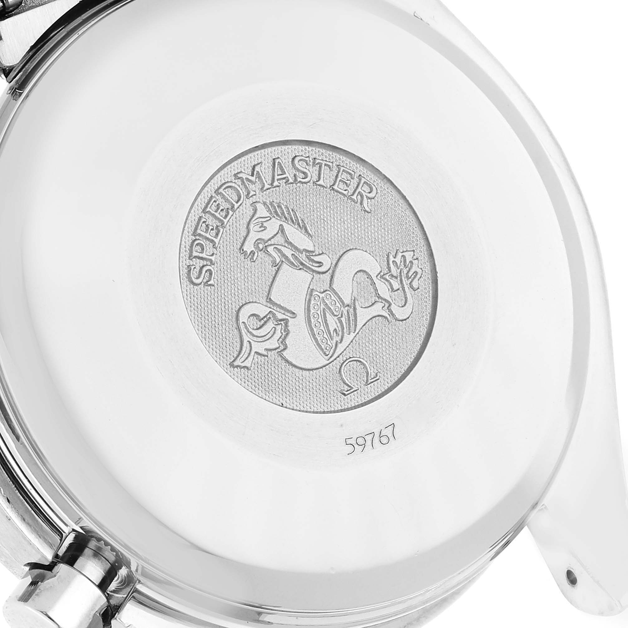 This image shows the back case of an Omega Speedmaster 3523.80.00 Men's Stainless Steel Blue Dial 3523.80.00 Men's Stainless Steel Blue Dial watch, featuring the logo and model name engraved.