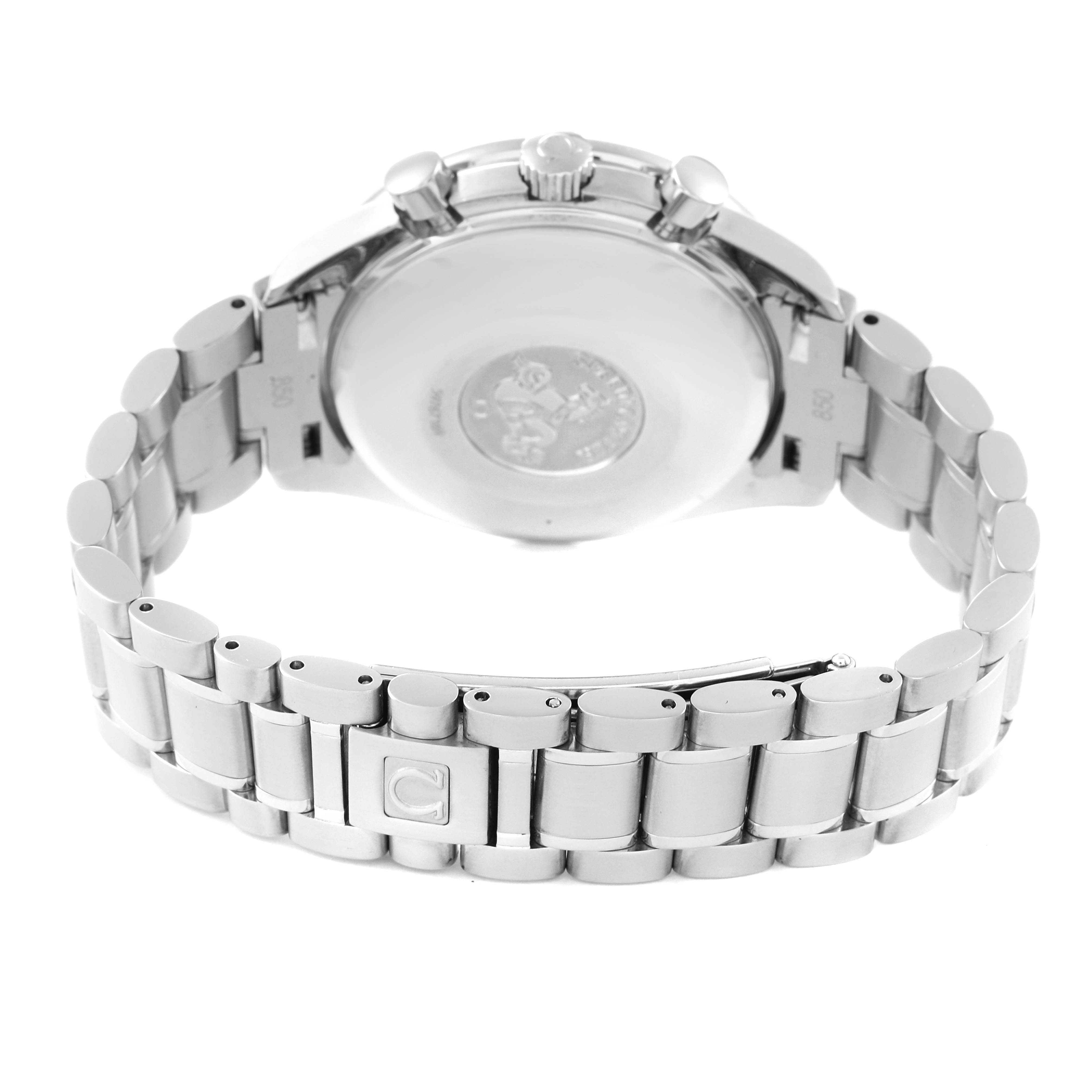 This image shows the back view of an Omega Speedmaster 3523.80.00 Men's Stainless Steel Blue Dial 3523.80.00 Men's Stainless Steel Blue Dial watch, featuring its case back, crown, pushers, and bracelet.