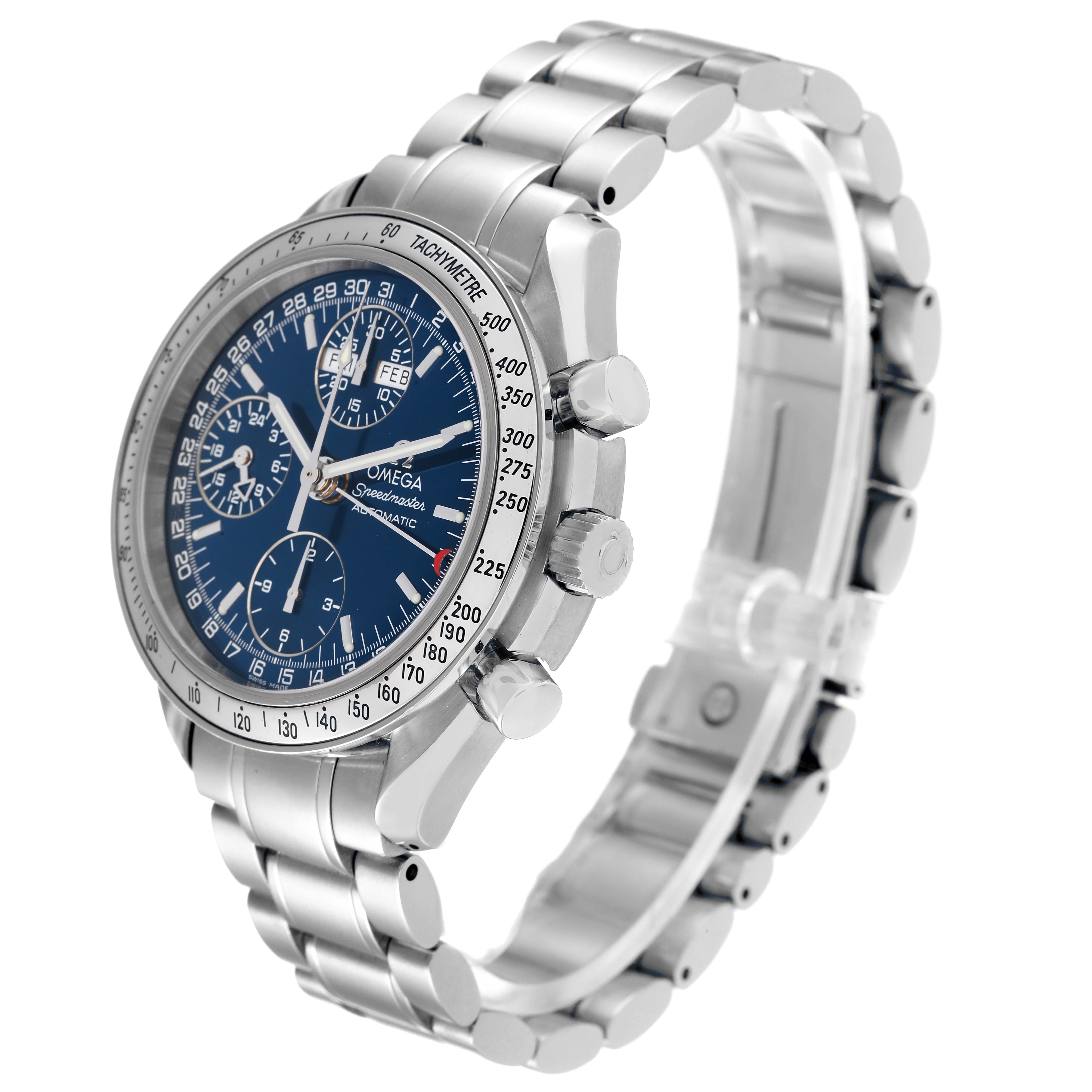 The image shows an Omega Speedmaster 3523.80.00 Men's Stainless Steel Blue Dial 3523.80.00 Men's Stainless Steel Blue Dial watch from a three-quarter side angle highlighting the dial, bezel, pushers, and bracelet.