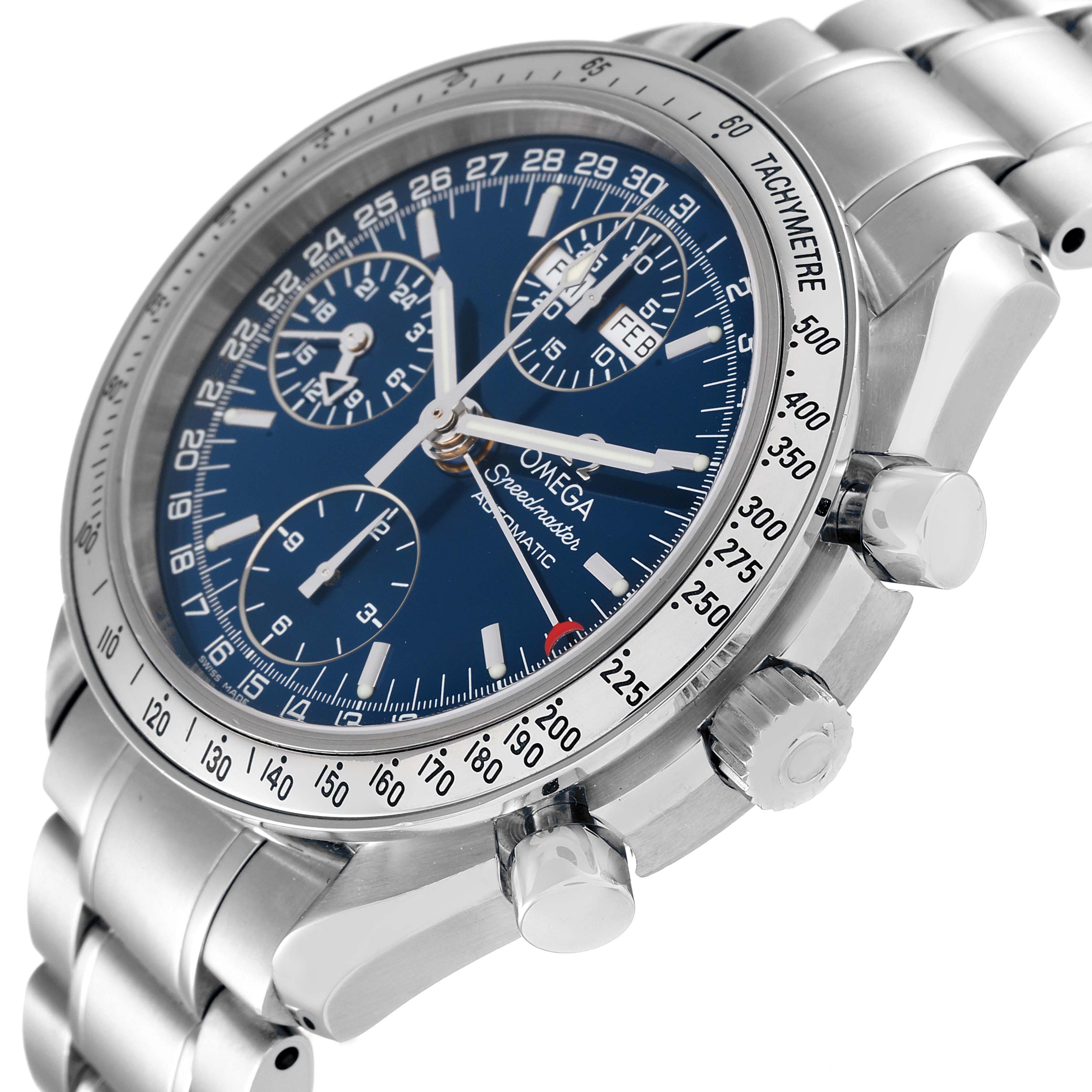 The image shows a close-up angle of an Omega Speedmaster 3523.80.00 Men's Stainless Steel Blue Dial 3523.80.00 Men's Stainless Steel Blue Dial, highlighting the dial, tachymeter bezel, and side buttons.