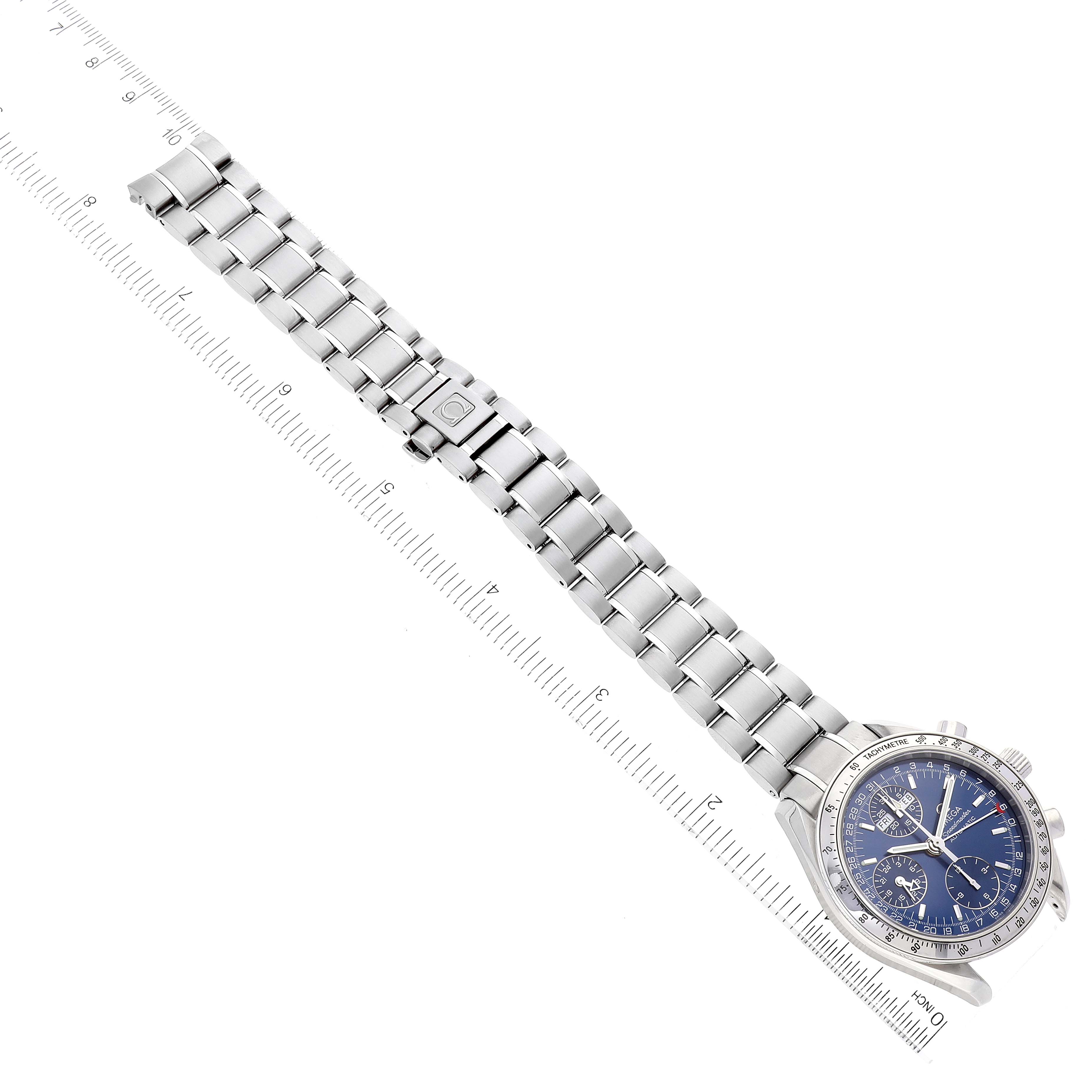 The image shows an Omega Speedmaster 3523.80.00 Men's Stainless Steel Blue Dial 3523.80.00 Men's Stainless Steel Blue Dial watch laid flat, highlighting its stainless steel bracelet and the face with a blue dial.